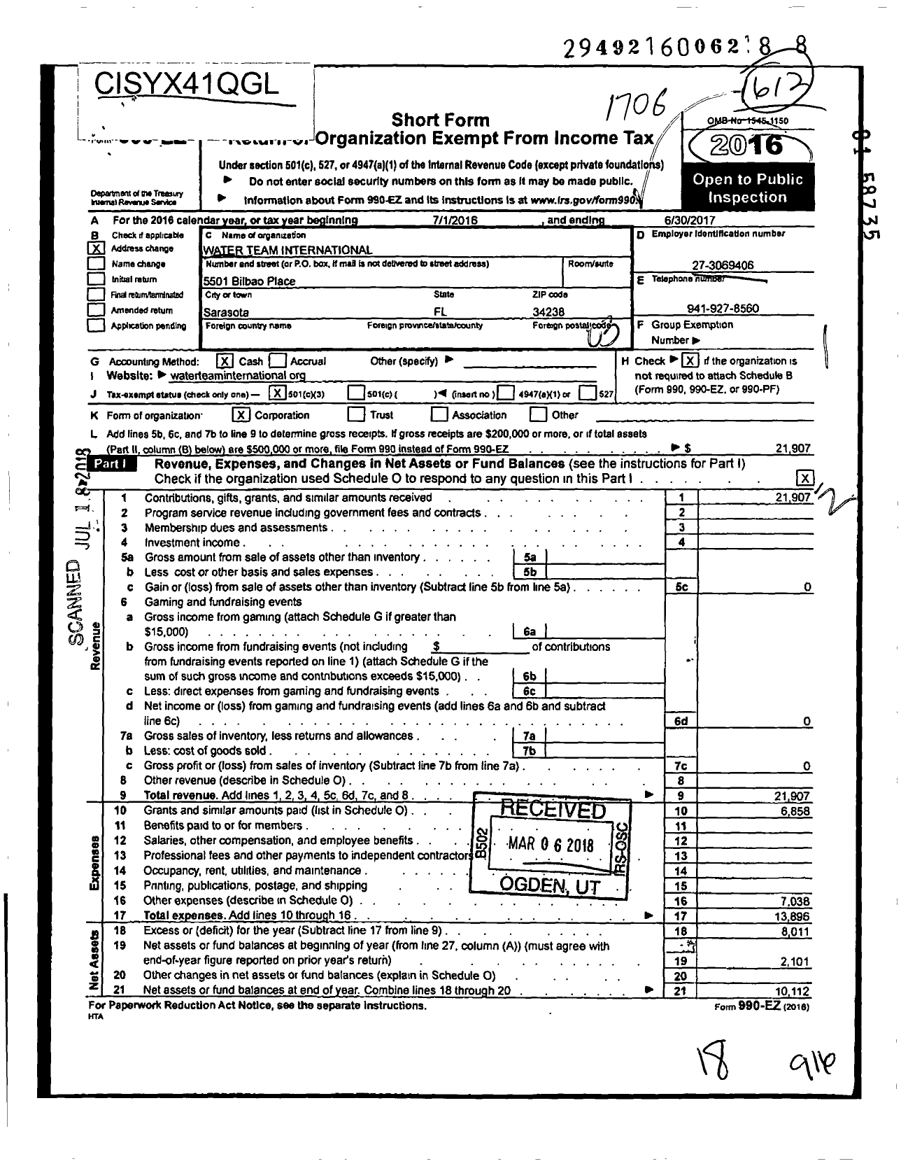 Image of first page of 2016 Form 990EZ for Water Team International