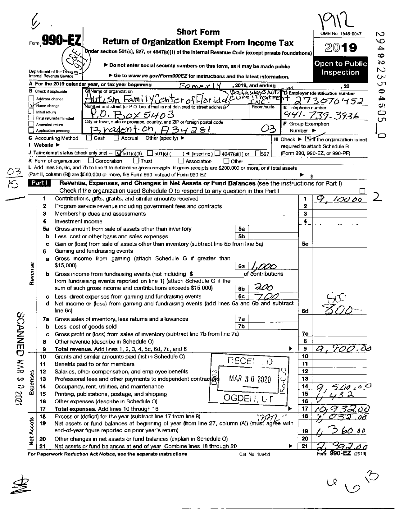 Image of first page of 2019 Form 990EZ for Autism Family Center of Florida Pathways Autism Cure and Treatment