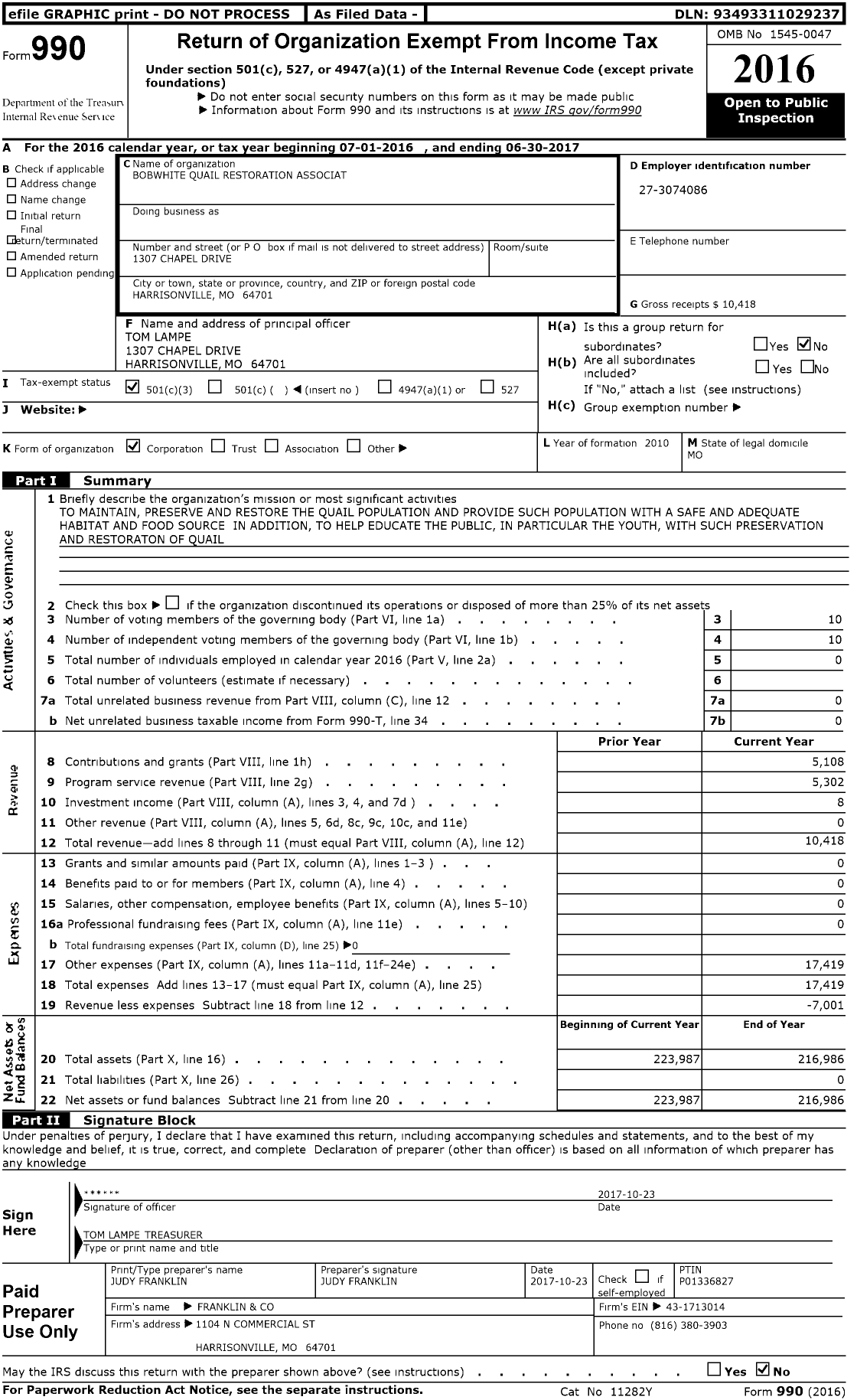 Image of first page of 2016 Form 990 for Bobwhite Quail Restoration Associat