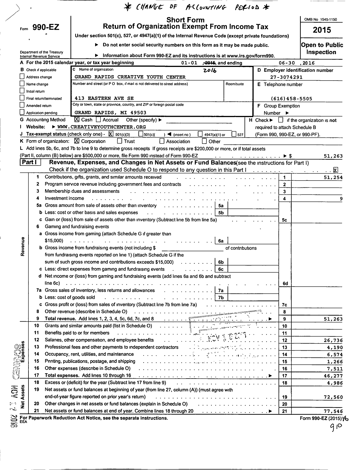 Image of first page of 2015 Form 990EZ for Grand Rapids Creative Youth Center