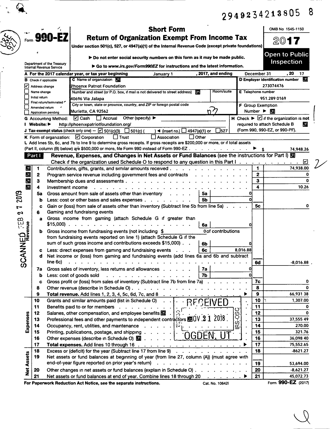 Image of first page of 2017 Form 990EZ for Phoenix Patriot Foundation