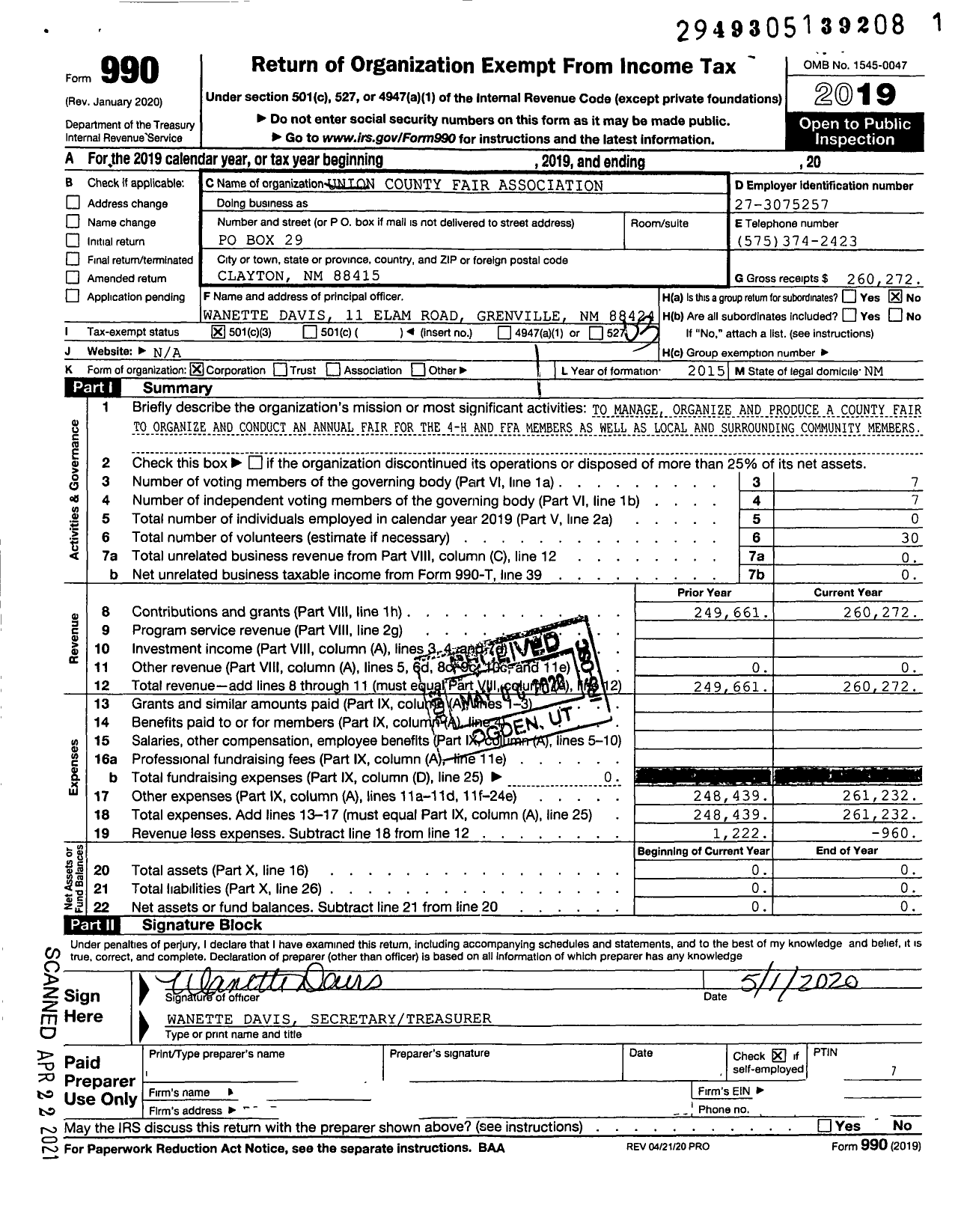 Image of first page of 2019 Form 990 for Union County Fair Association