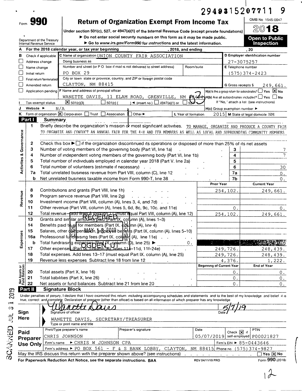Image of first page of 2018 Form 990 for Union County Fair Association