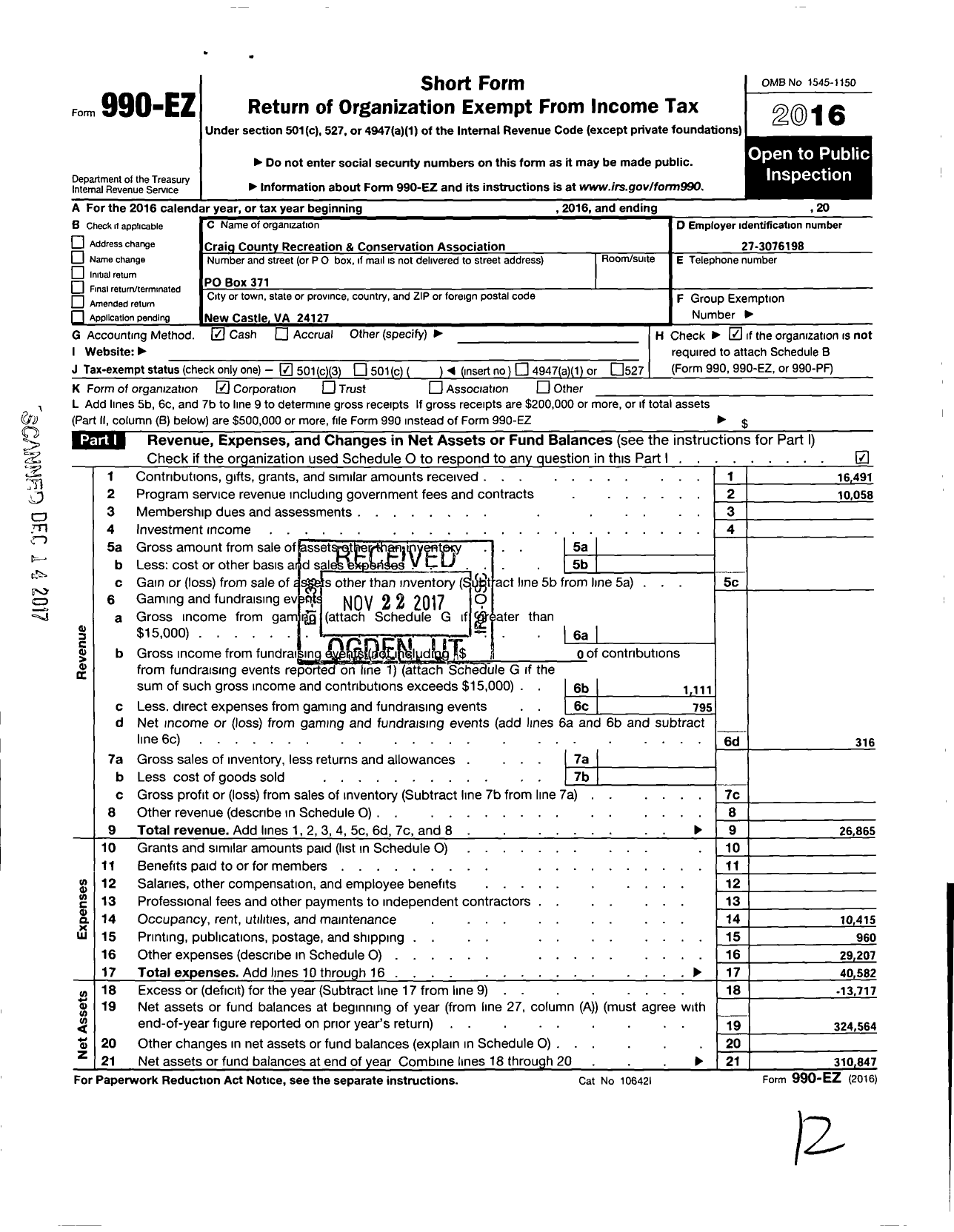 Image of first page of 2016 Form 990EZ for Craig County Recreation and Conservation Association