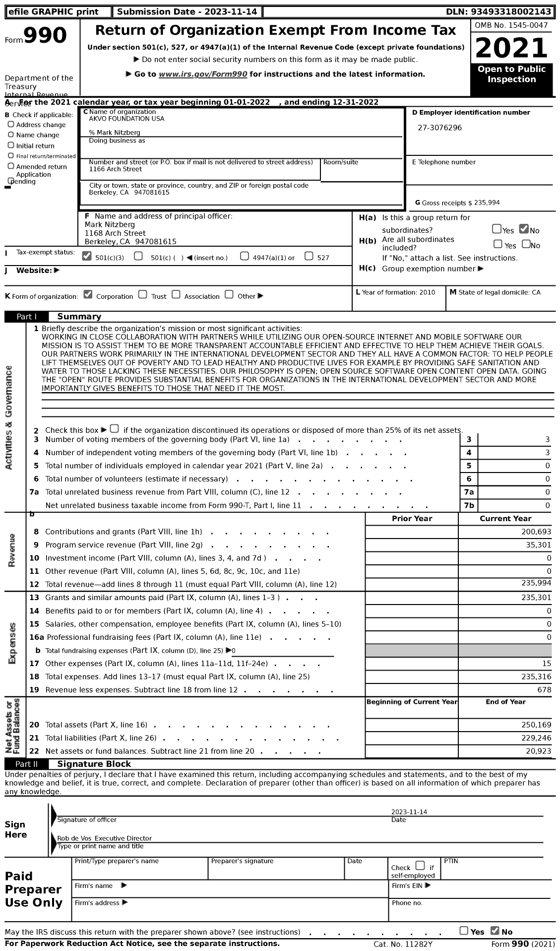 Image of first page of 2022 Form 990 for Akvo Foundation USA