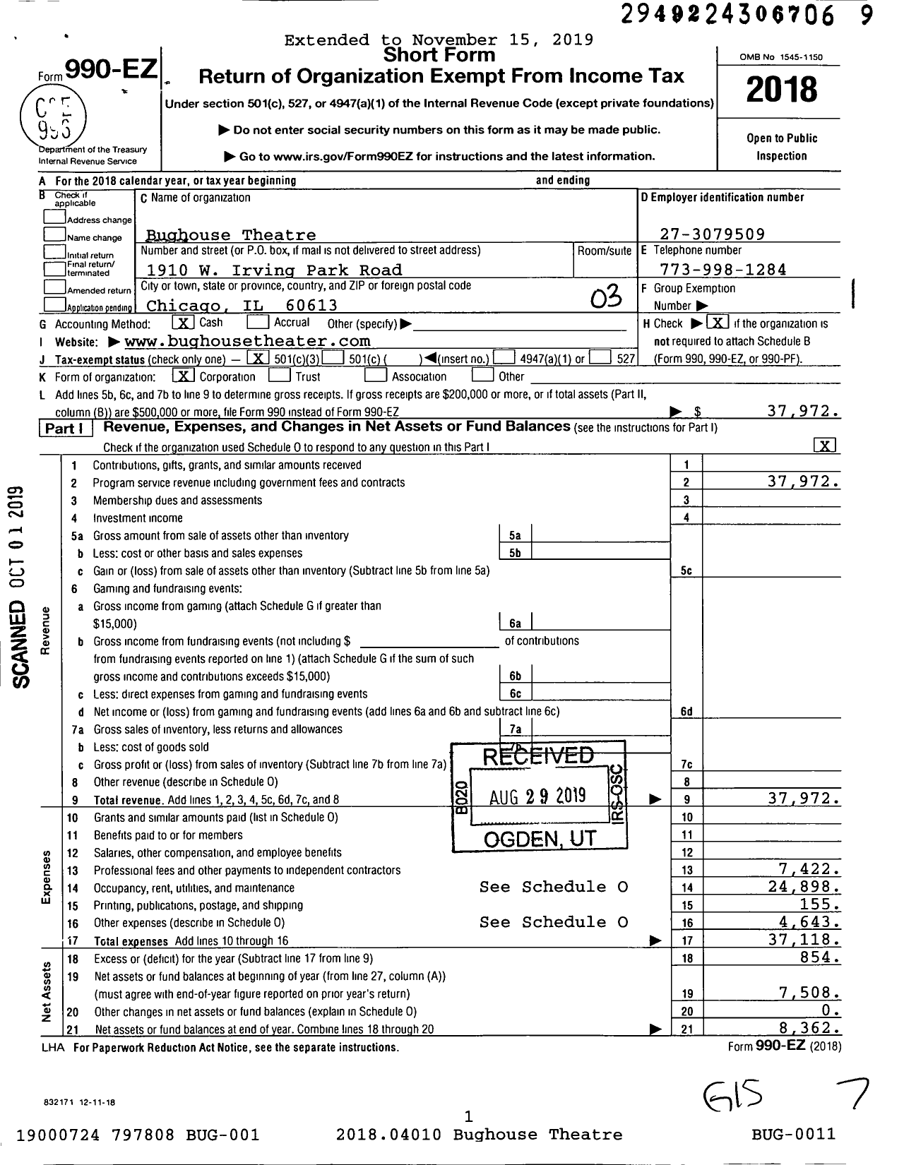 Image of first page of 2018 Form 990EZ for Bughouse Theatre