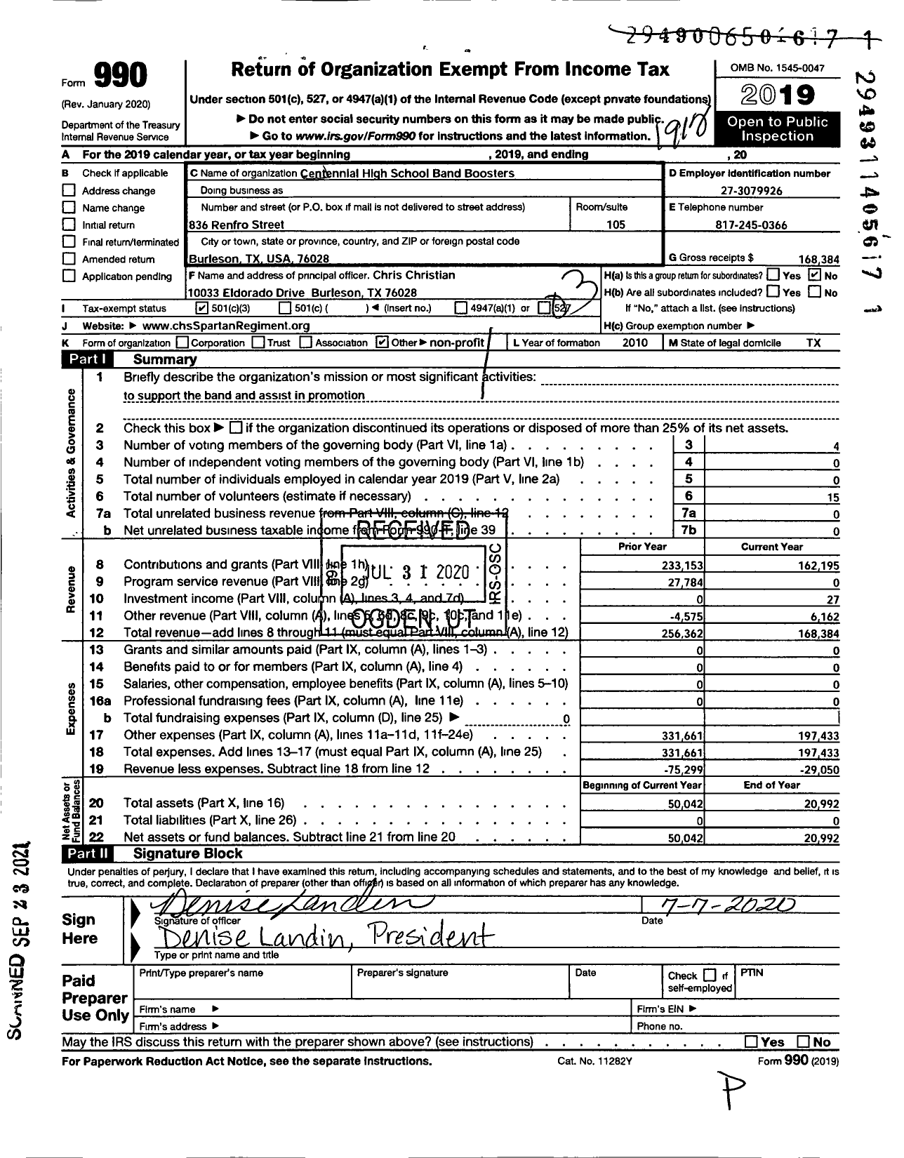 Image of first page of 2019 Form 990 for Centennial High School Band Boosters