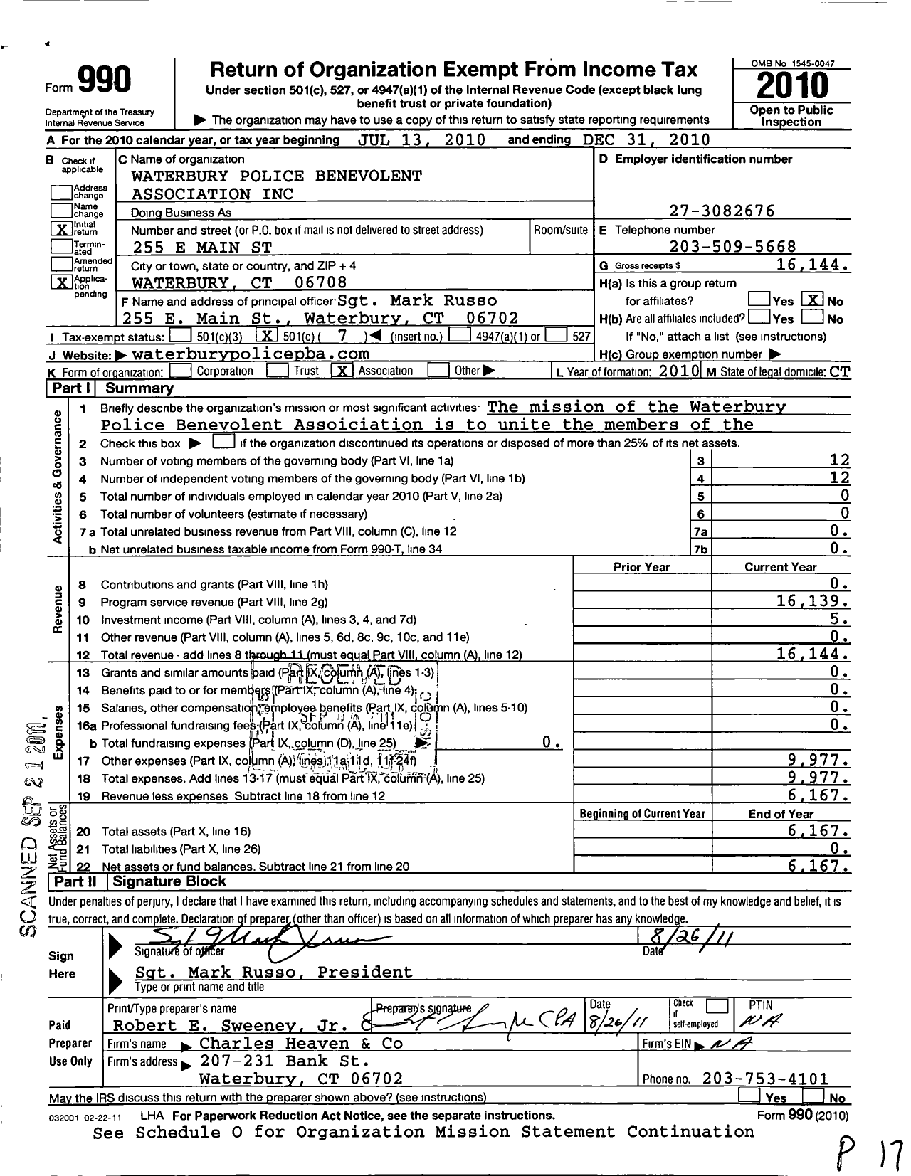 Image of first page of 2010 Form 990O for Waterbury Police Benevolent Association