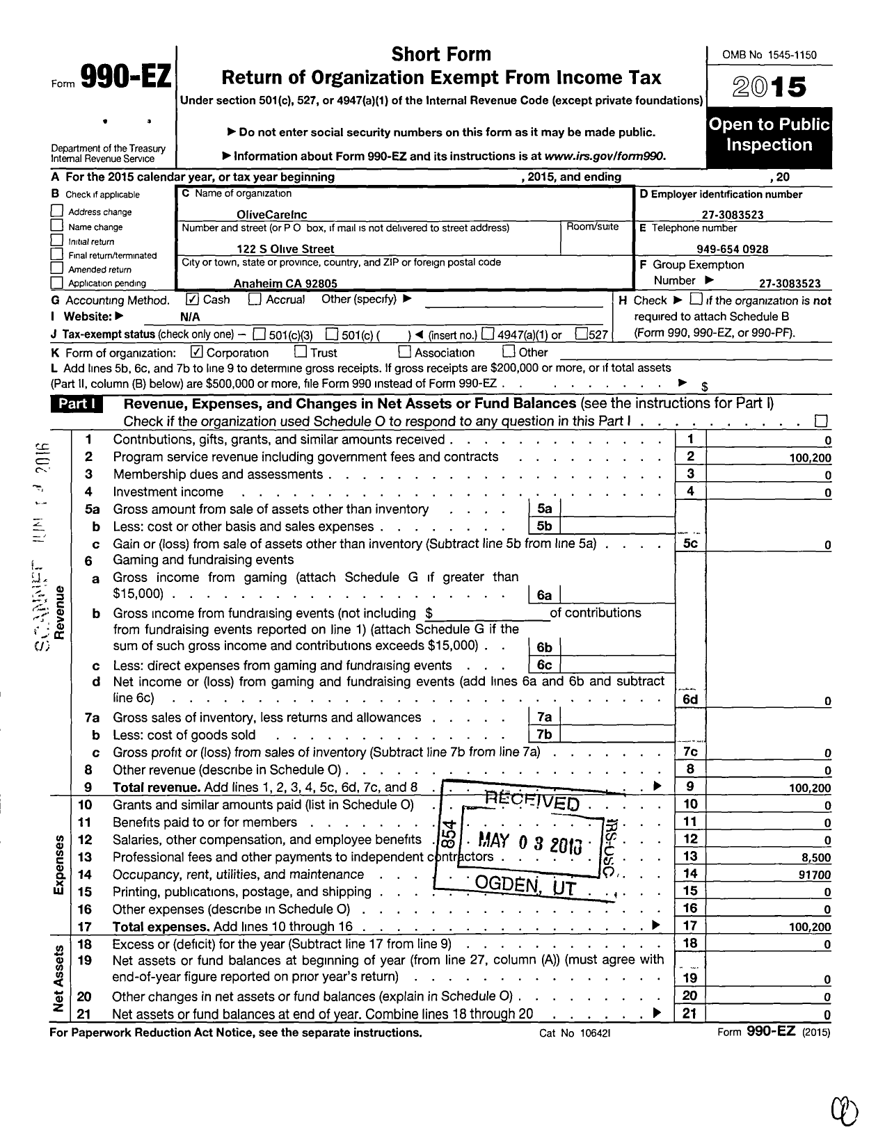 Image of first page of 2015 Form 990EO for Olivecare