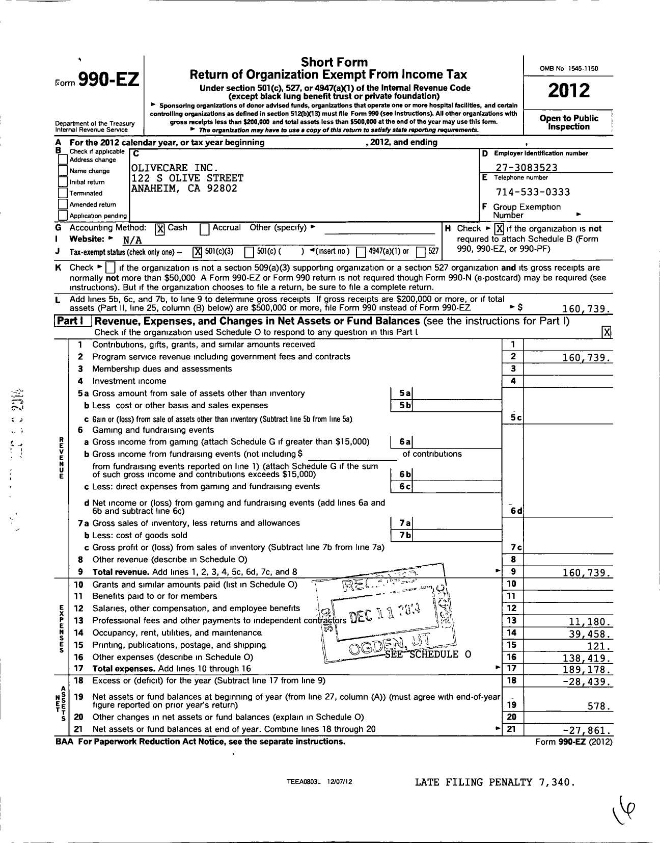 Image of first page of 2012 Form 990EZ for Olivecare