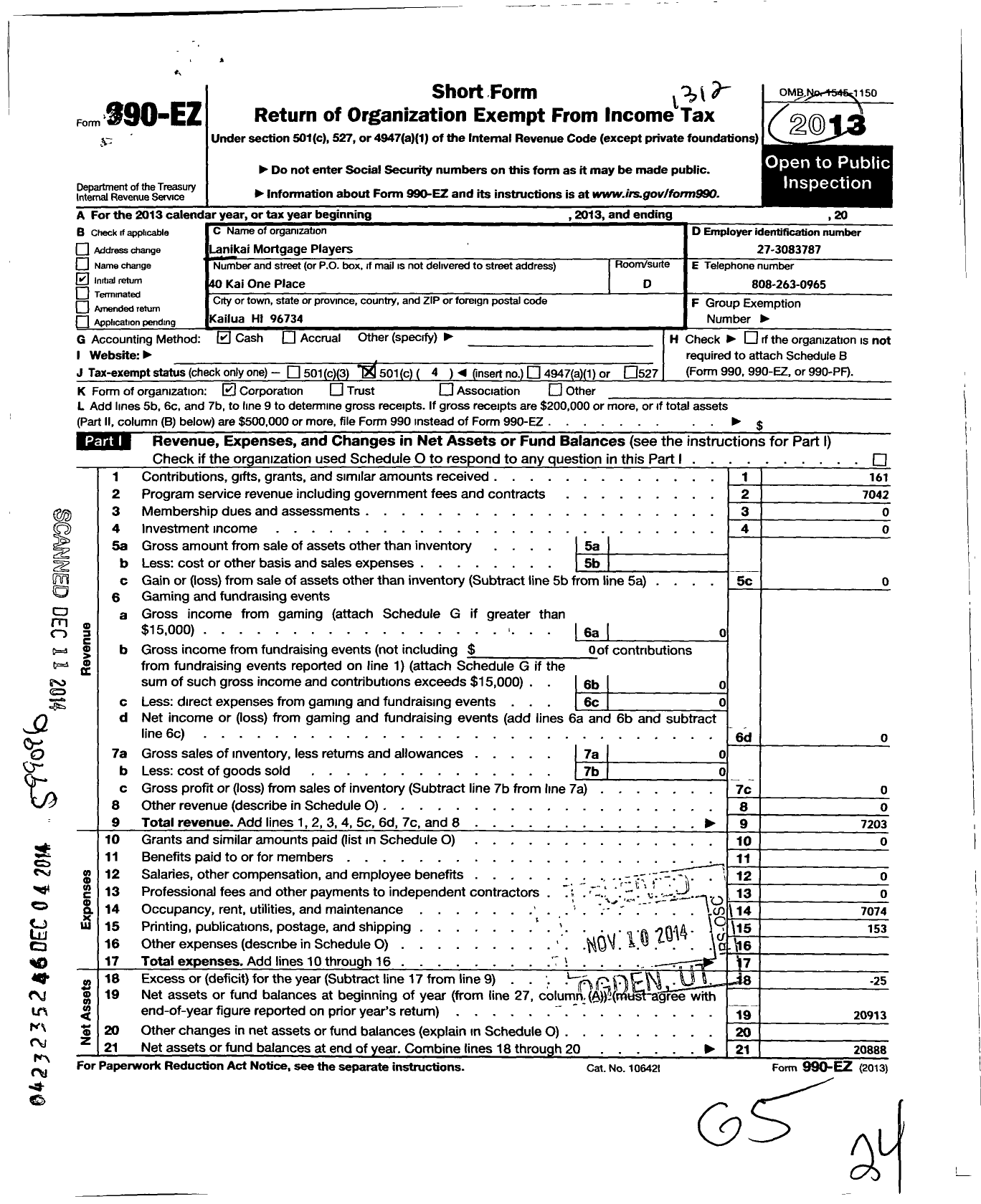 Image of first page of 2013 Form 990EO for Lanikai Mortgage Players