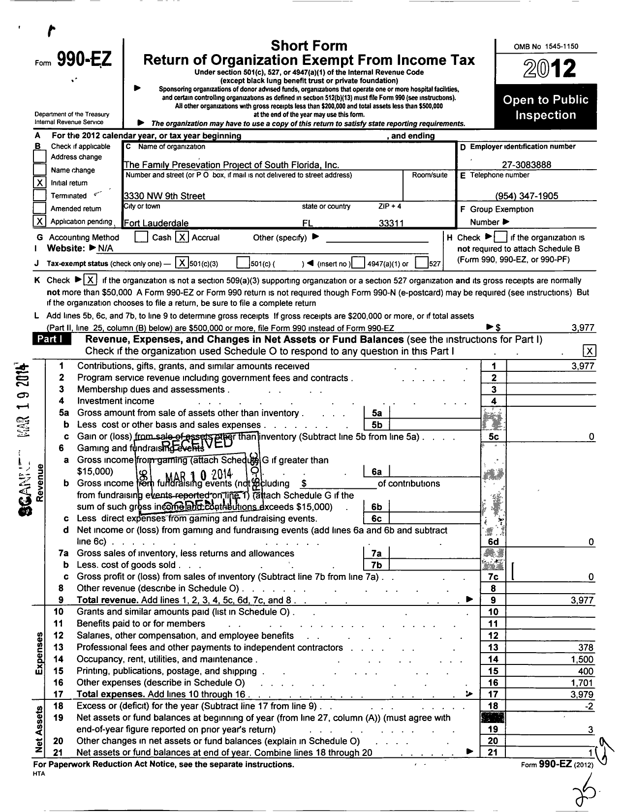 Image of first page of 2012 Form 990EZ for Family Preservation Project of South Florida