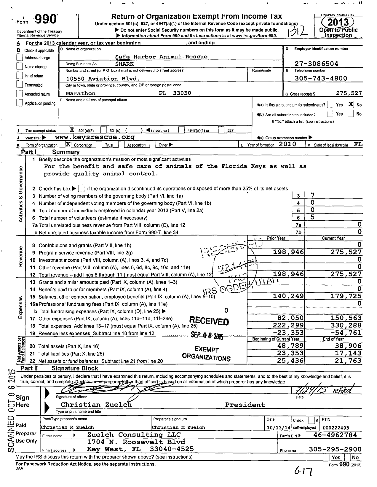 Image of first page of 2013 Form 990 for Safe Harbor Animal Rescue