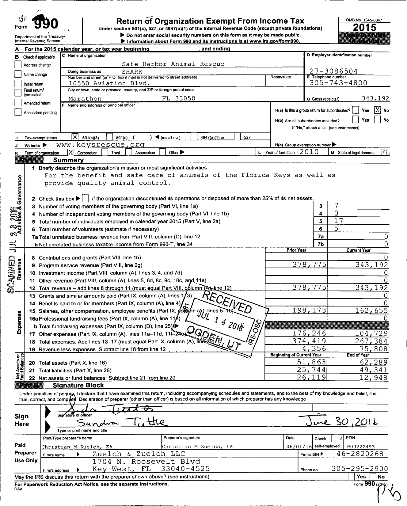 Image of first page of 2015 Form 990 for Safe Harbor Animal Rescue