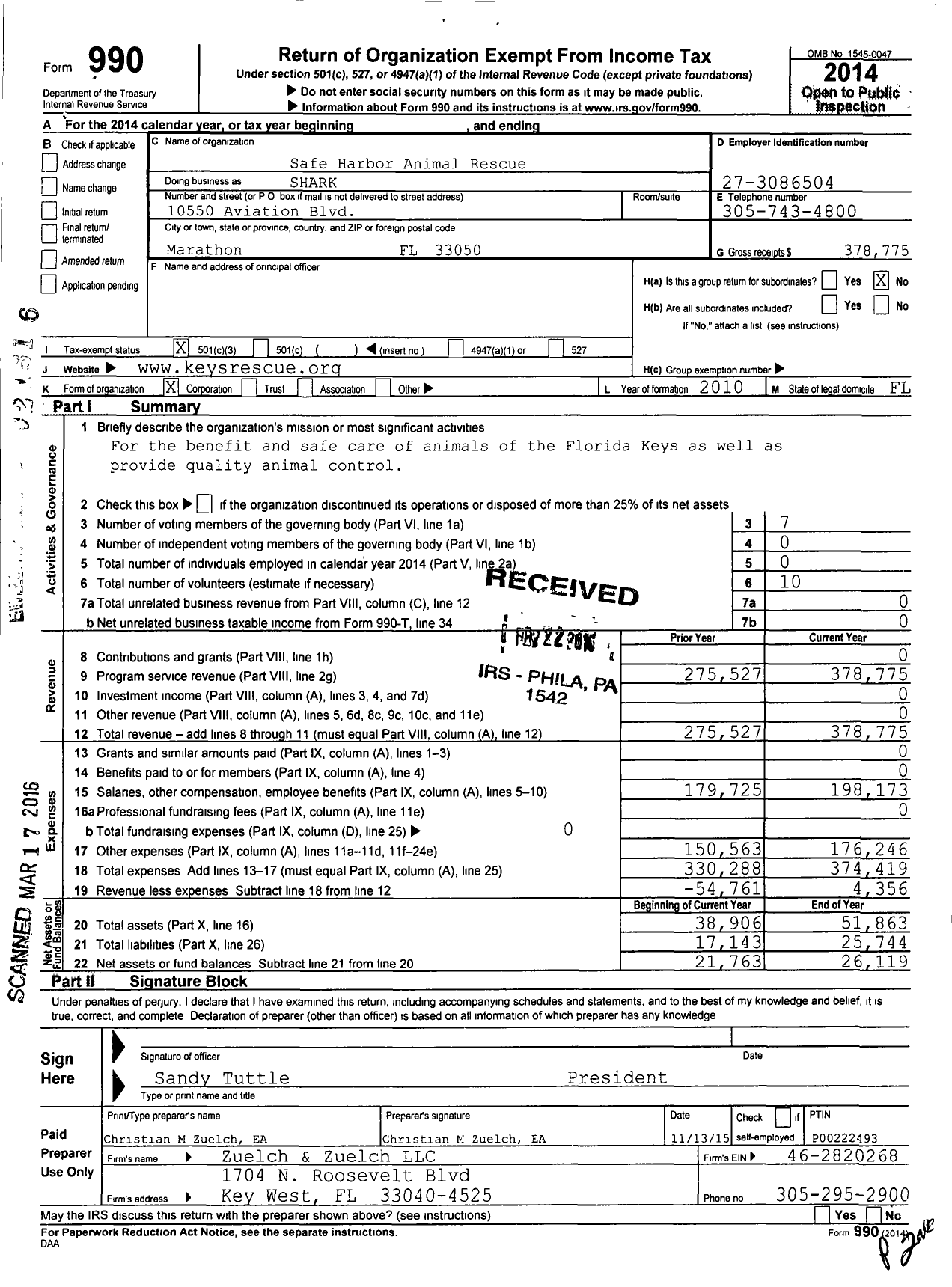 Image of first page of 2014 Form 990 for Safe Harbor Animal Rescue