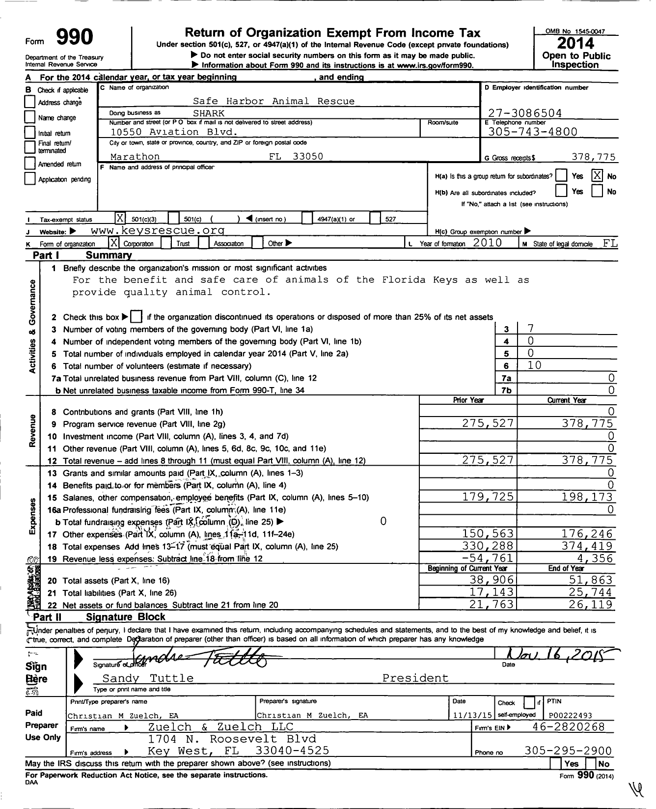 Image of first page of 2014 Form 990 for Safe Harbor Animal Rescue