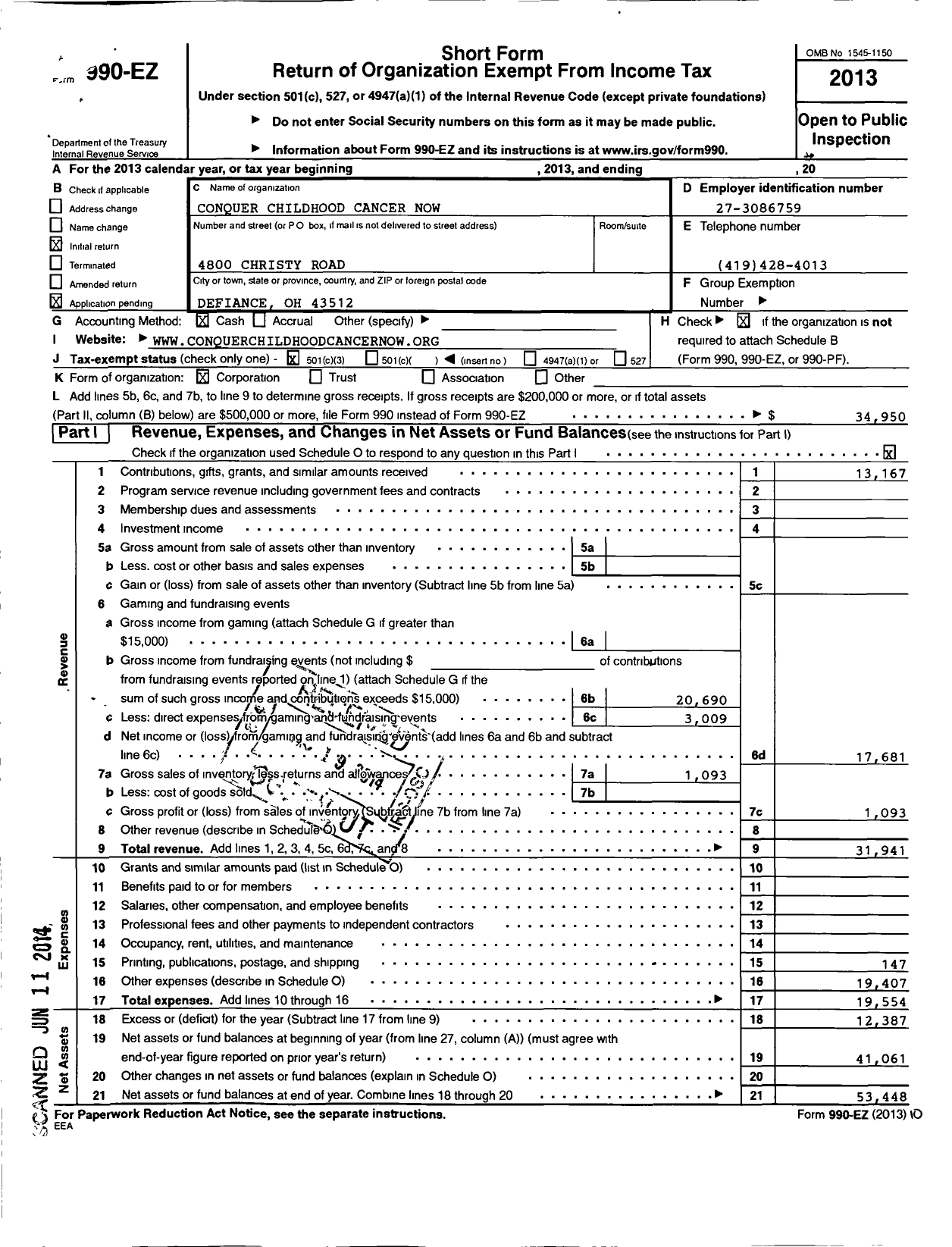 Image of first page of 2013 Form 990EZ for Conquer Childhood Cancer Now