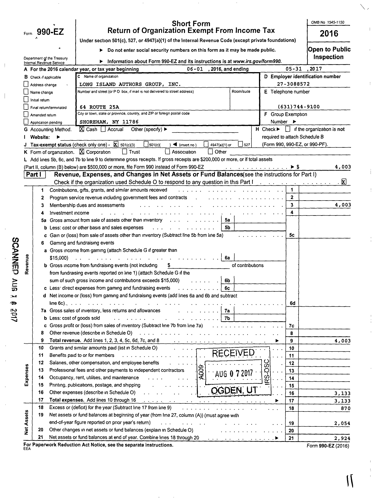 Image of first page of 2016 Form 990EZ for Long Island Authors Group