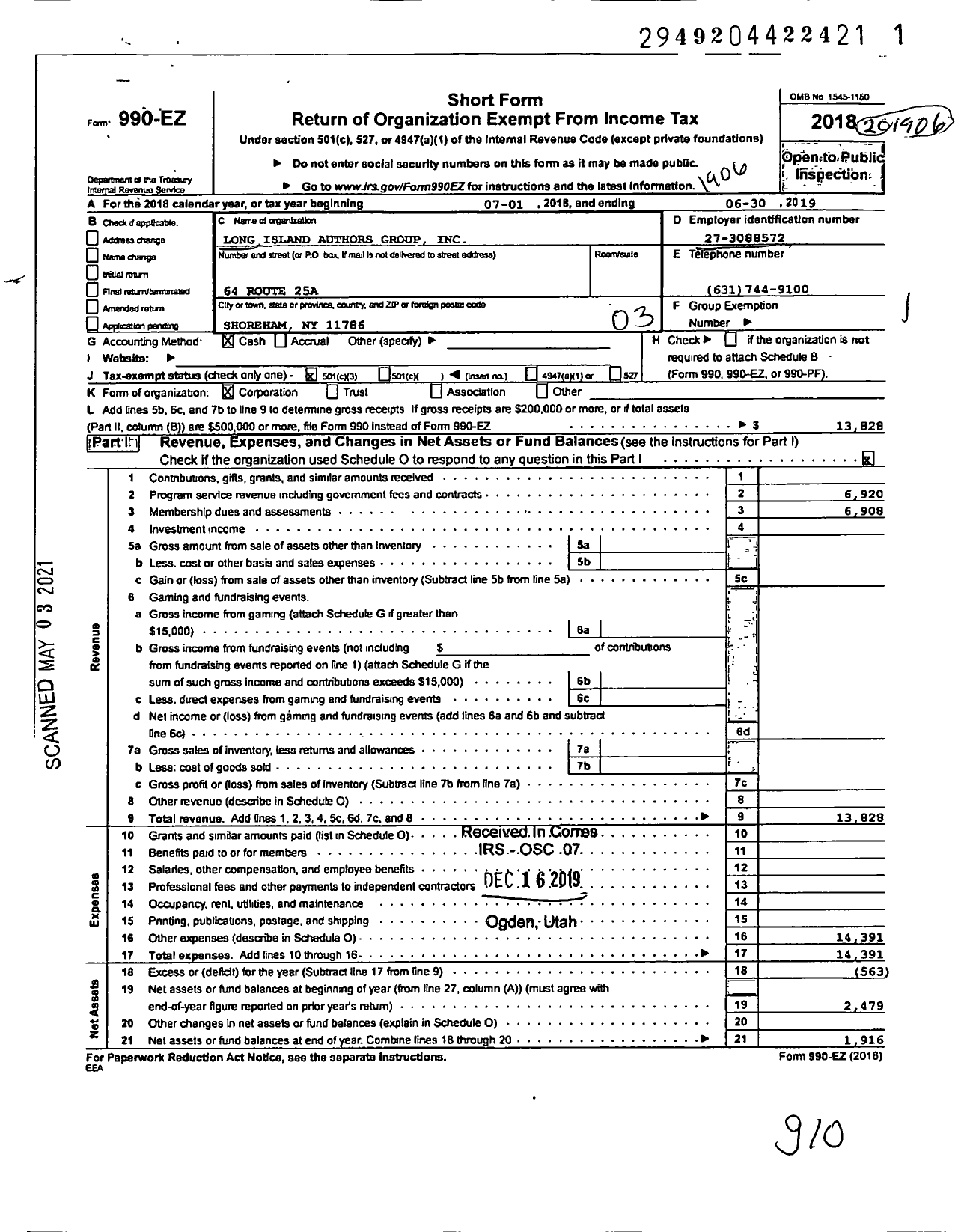 Image of first page of 2018 Form 990EZ for Long Island Authors Group