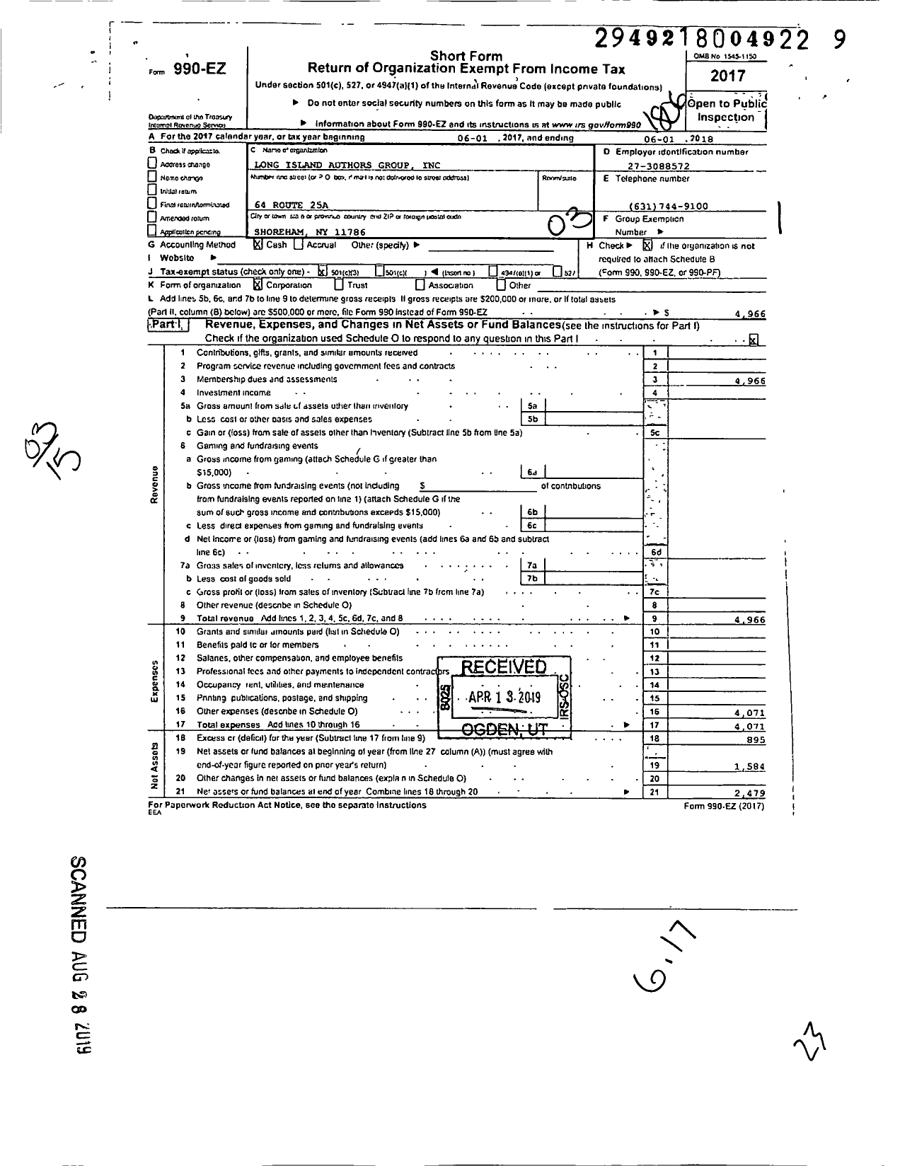 Image of first page of 2017 Form 990EZ for Long Island Authors Group