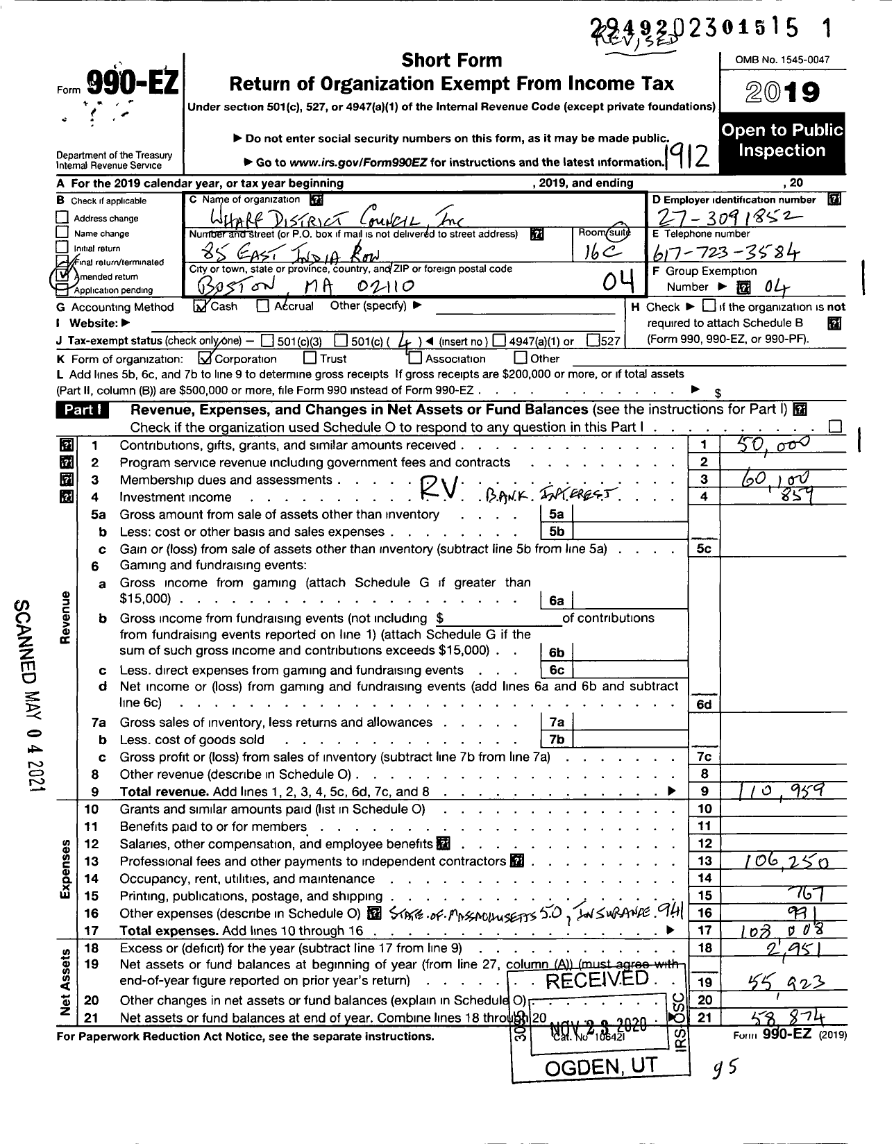 Image of first page of 2019 Form 990EO for Wharf District Council