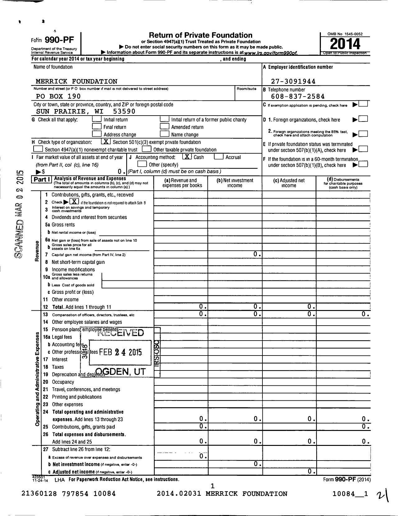 Image of first page of 2014 Form 990PF for Lee Merrick Foundation