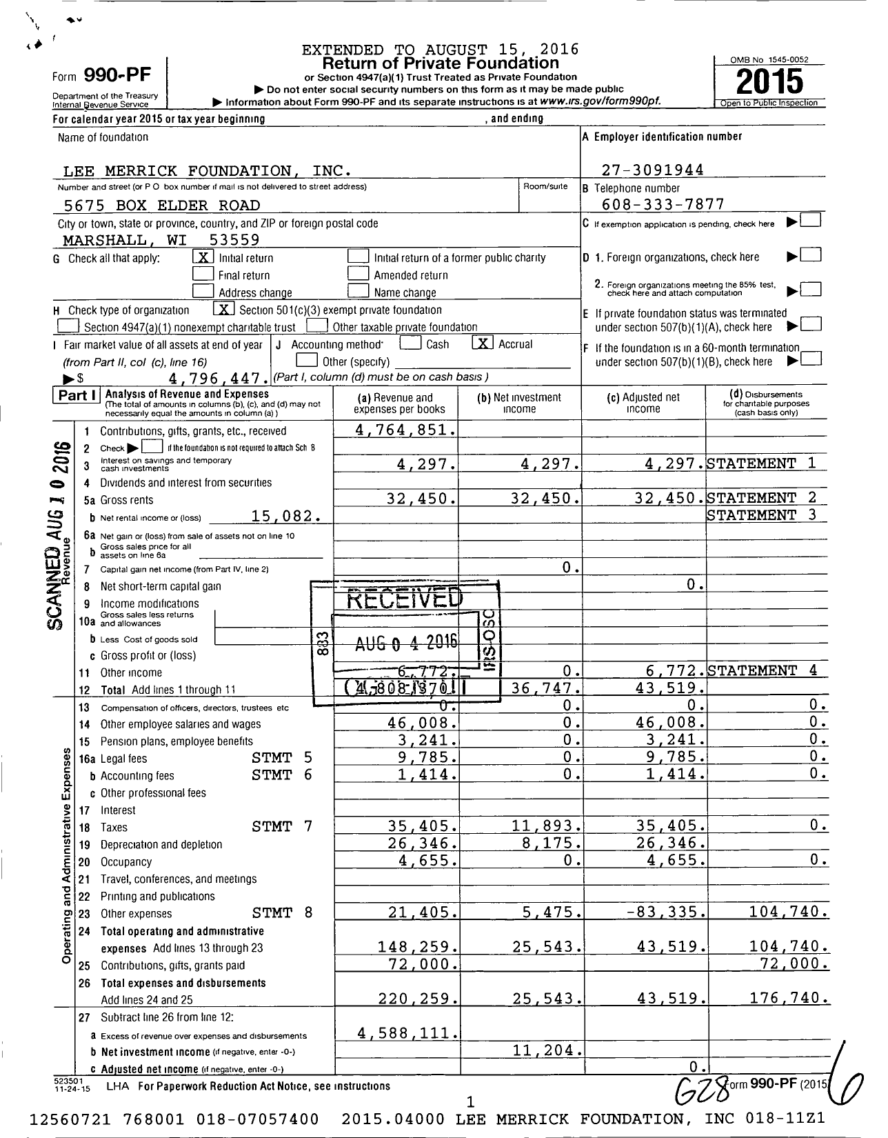 Image of first page of 2015 Form 990PF for Lee Merrick Foundation