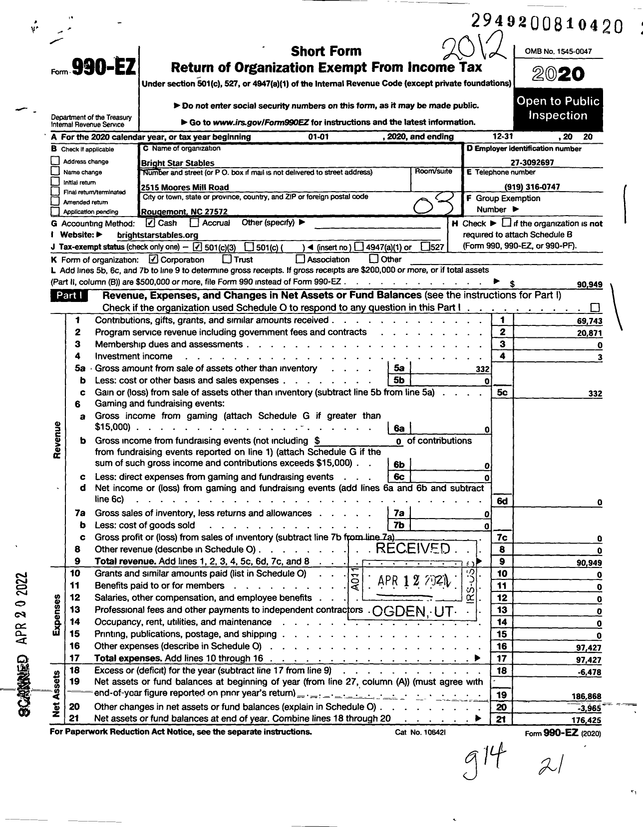 Image of first page of 2020 Form 990EZ for Bright Star Stables