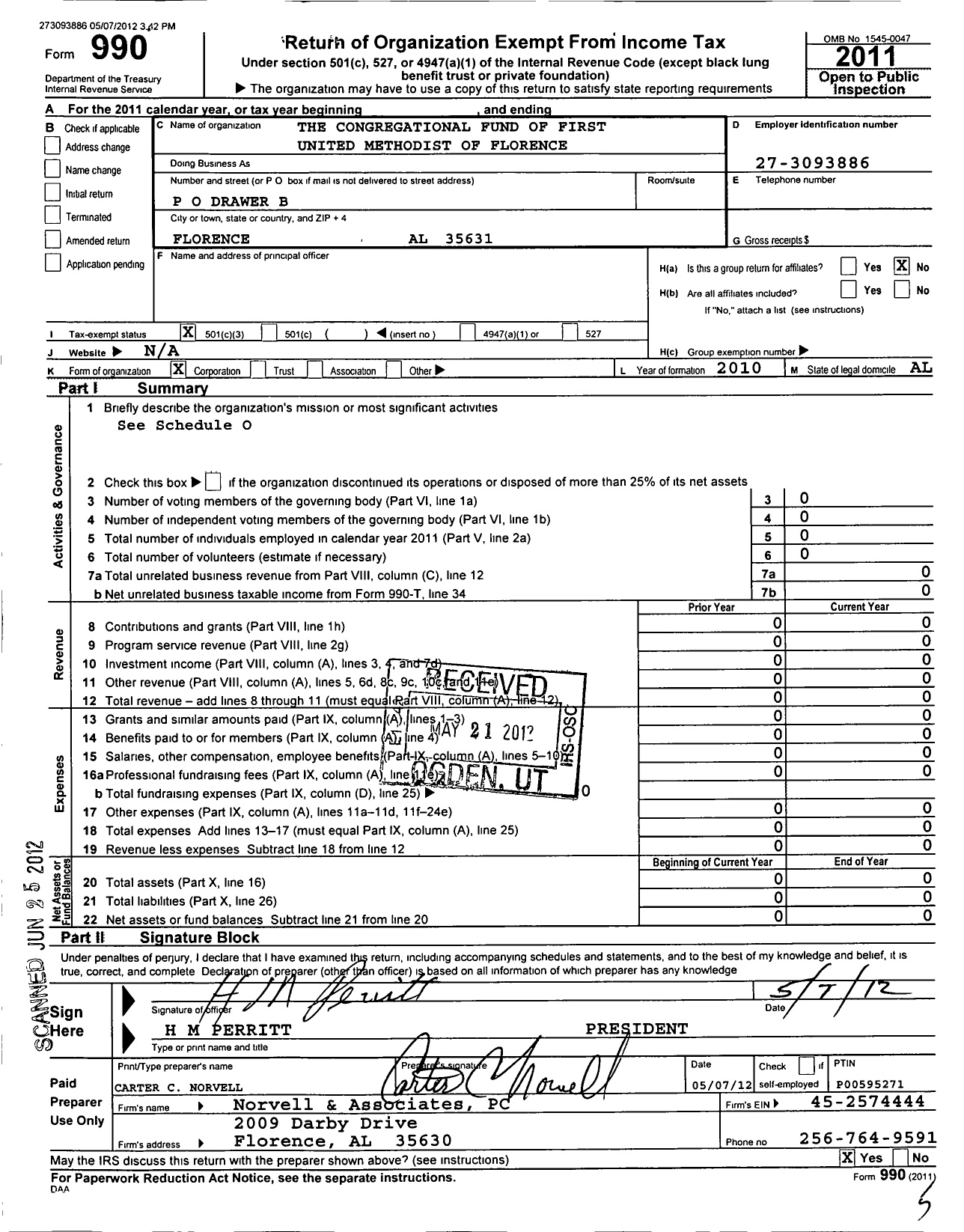 Image of first page of 2011 Form 990 for Congregational Fund of First United Methodist Church of Florence