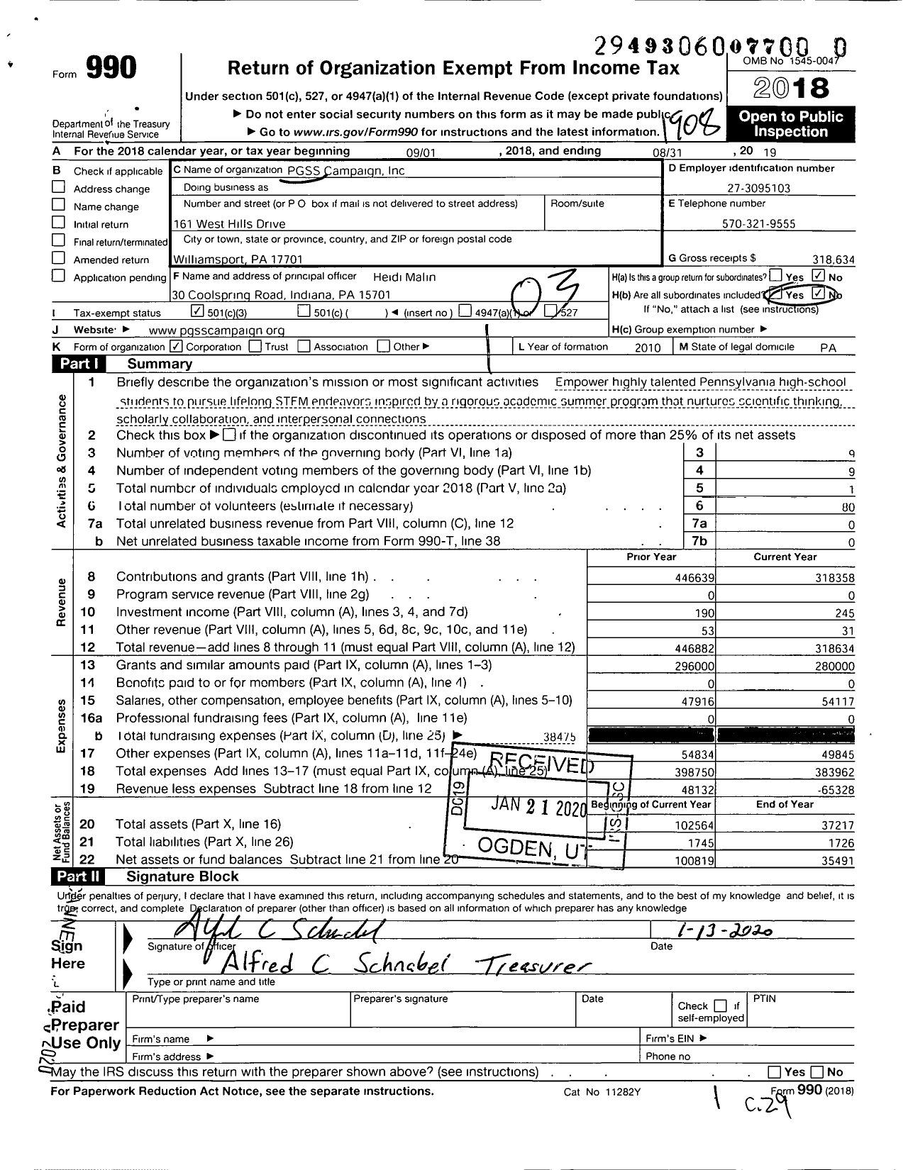 Image of first page of 2018 Form 990 for PGSS Campaign