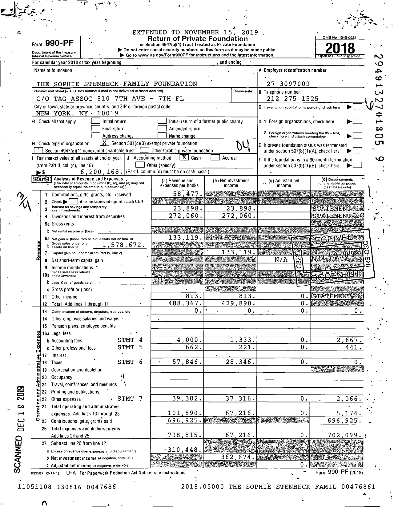 Image of first page of 2018 Form 990PF for The Sophie Stenbeck Family Foundation
