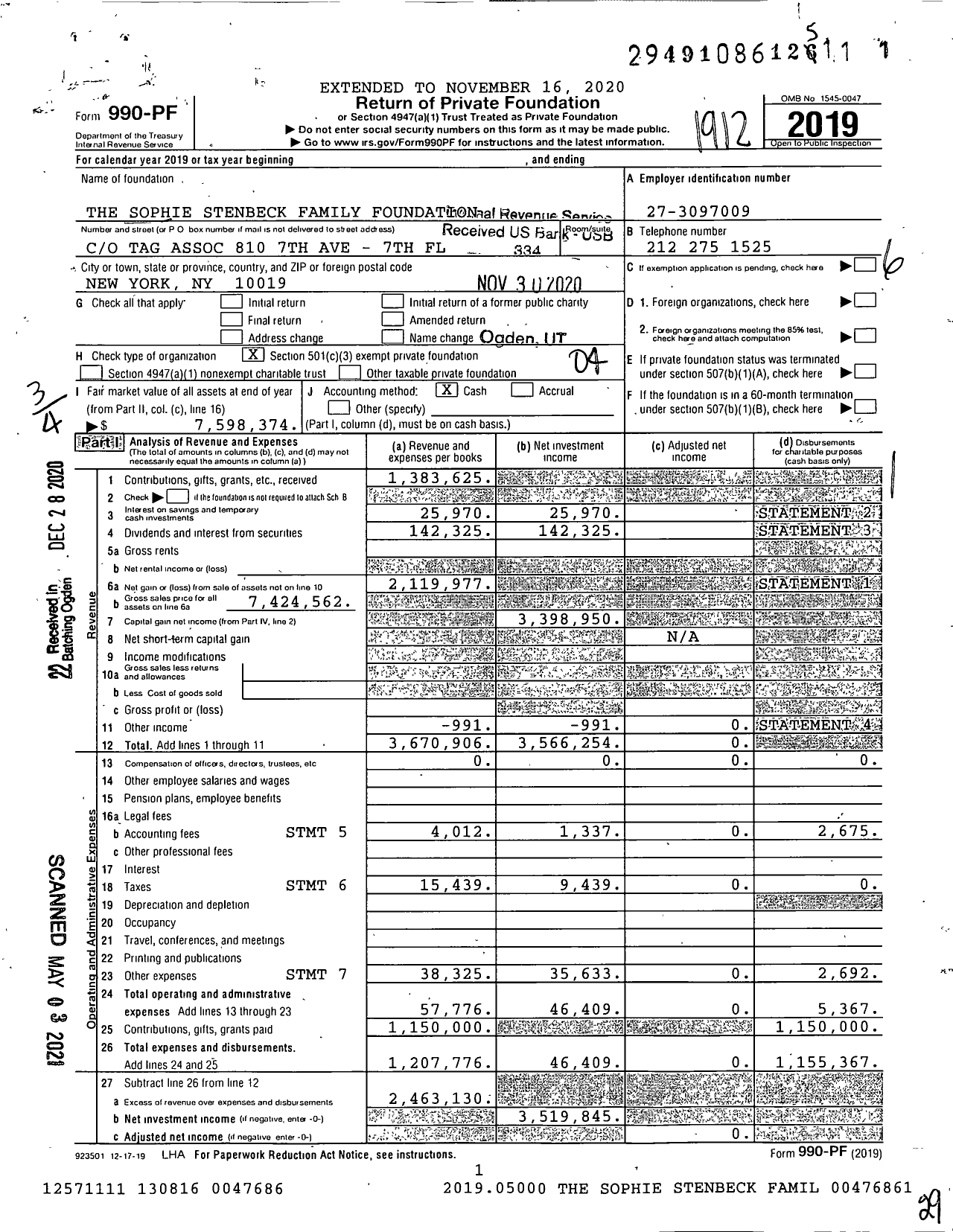 Image of first page of 2019 Form 990PF for The Sophie Stenbeck Family Foundation