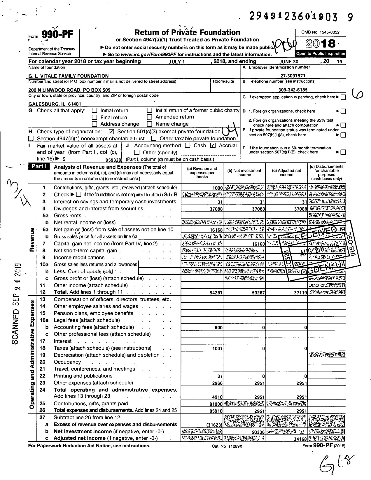 Image of first page of 2018 Form 990PF for G L Vitale Family Foundation