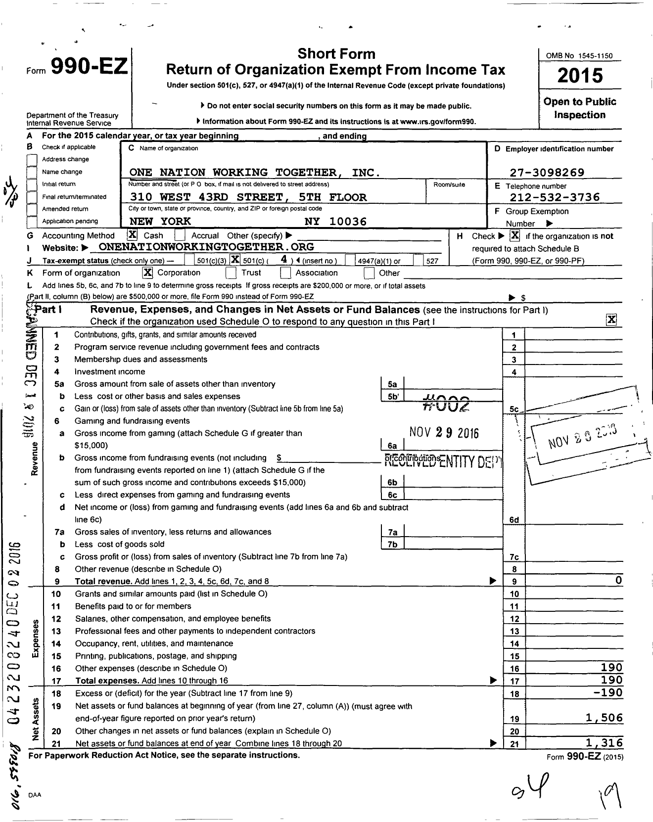 Image of first page of 2015 Form 990EO for One Nation Working Together