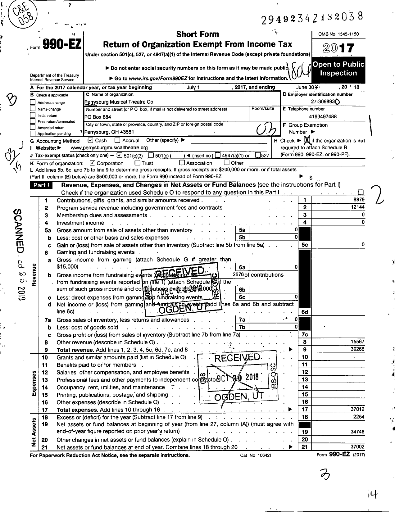 Image of first page of 2017 Form 990EZ for Perrysburg Musical Theatre Company