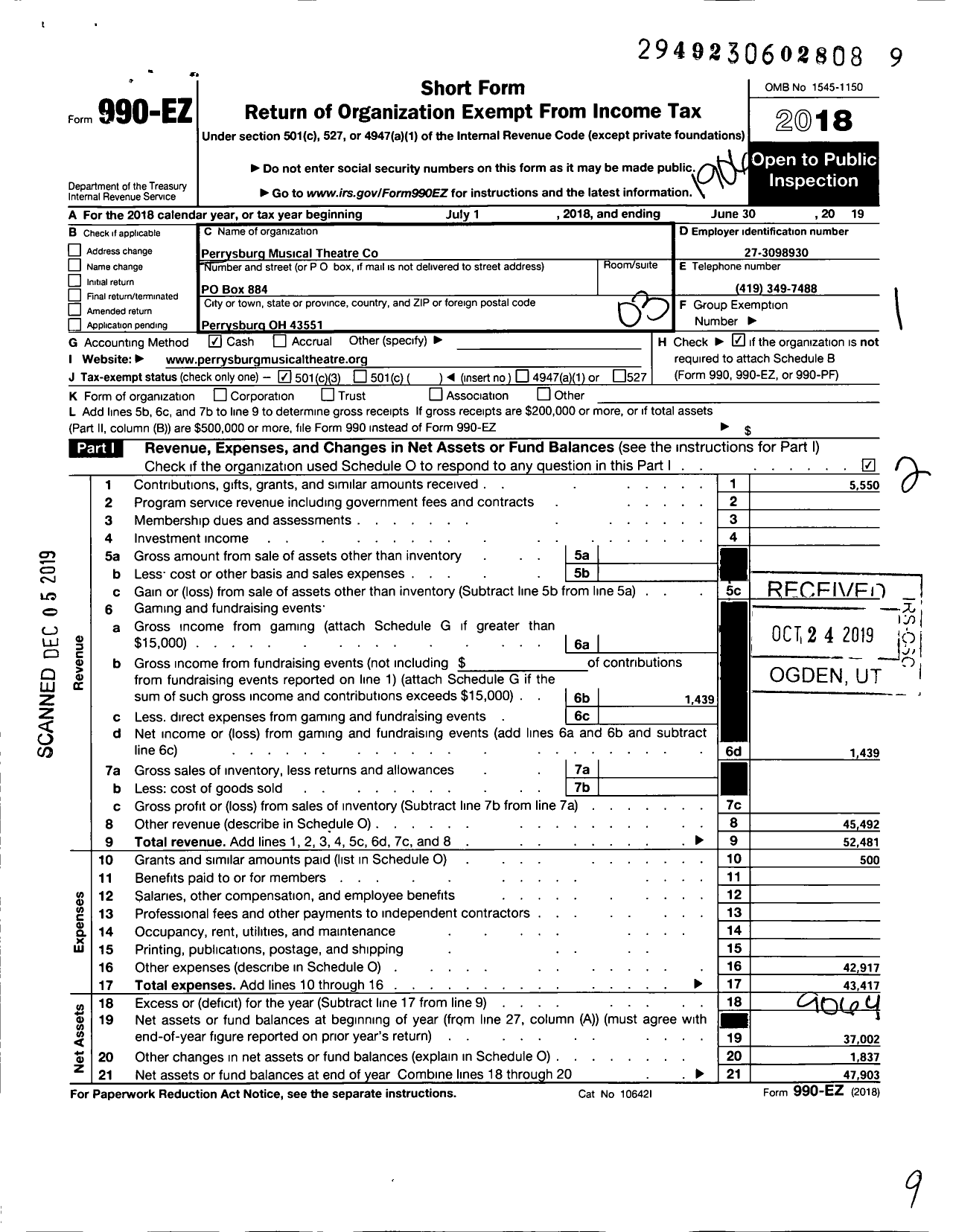 Image of first page of 2018 Form 990EZ for Perrysburg Musical Theatre Company