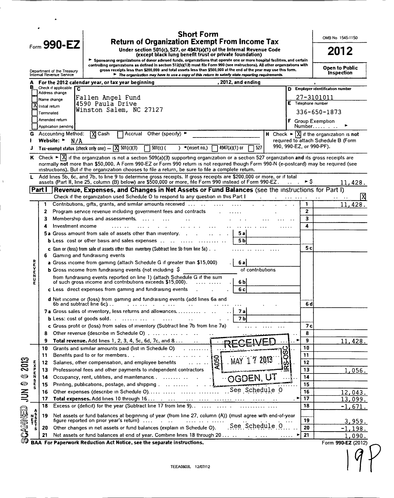 Image of first page of 2012 Form 990EZ for Fallen Angel Fund