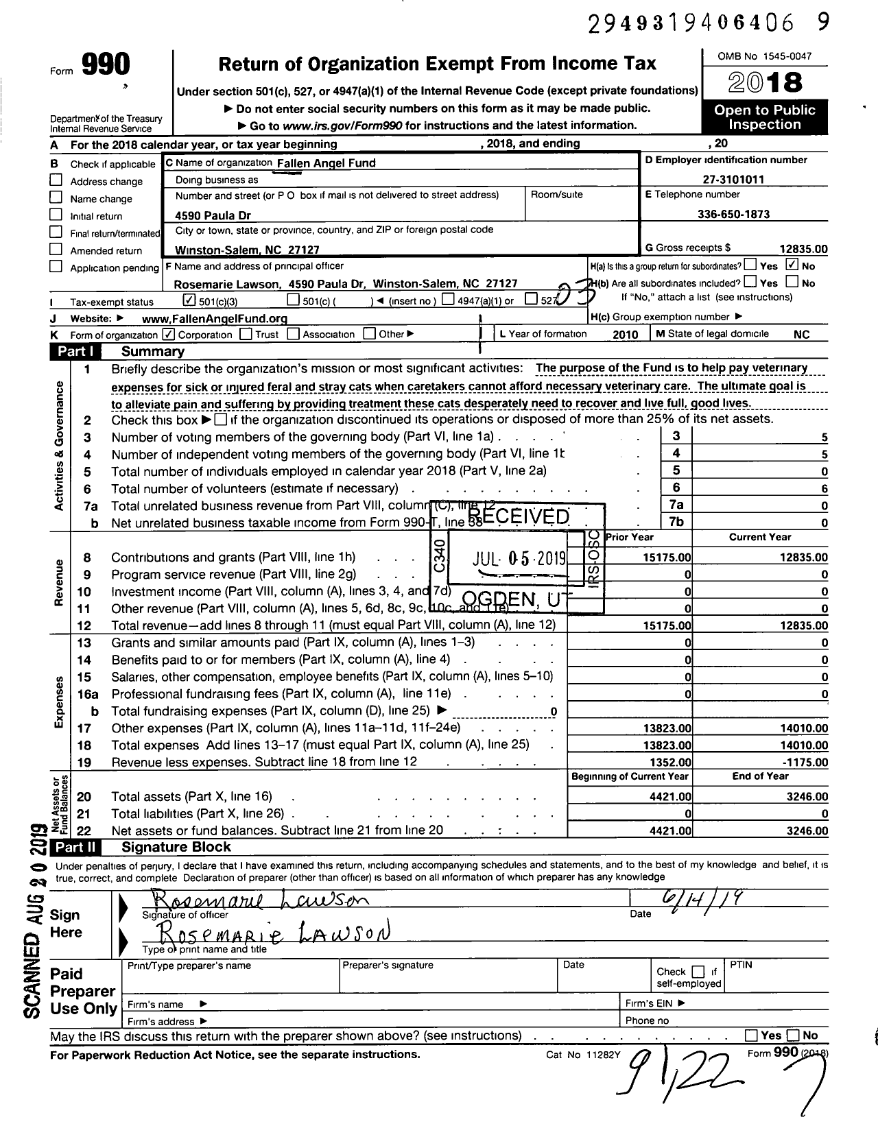 Image of first page of 2018 Form 990 for Fallen Angel Fund