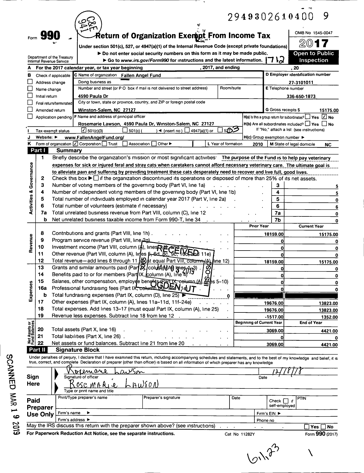 Image of first page of 2017 Form 990 for Fallen Angel Fund