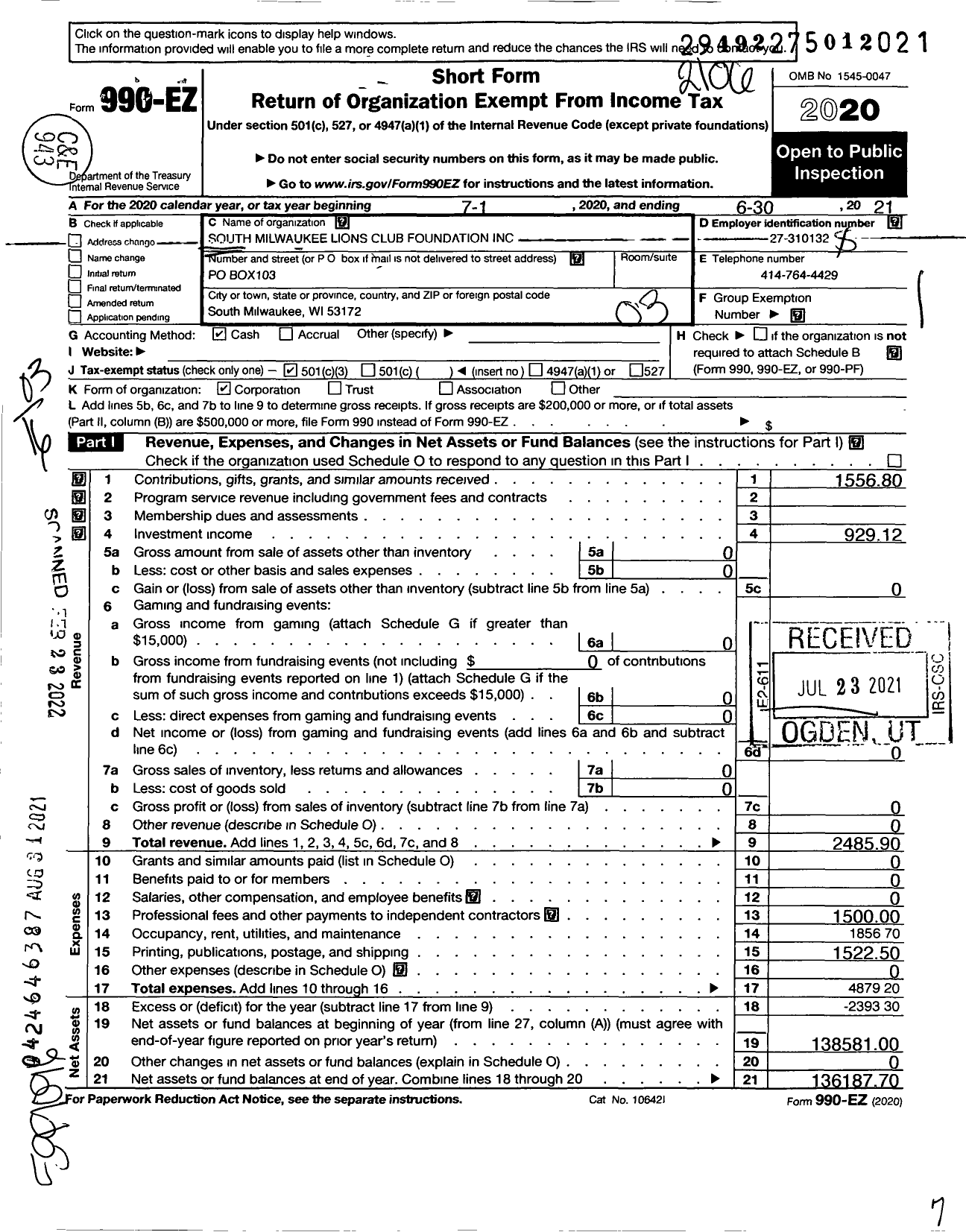 Image of first page of 2020 Form 990EZ for South Milwaukee Lions Club