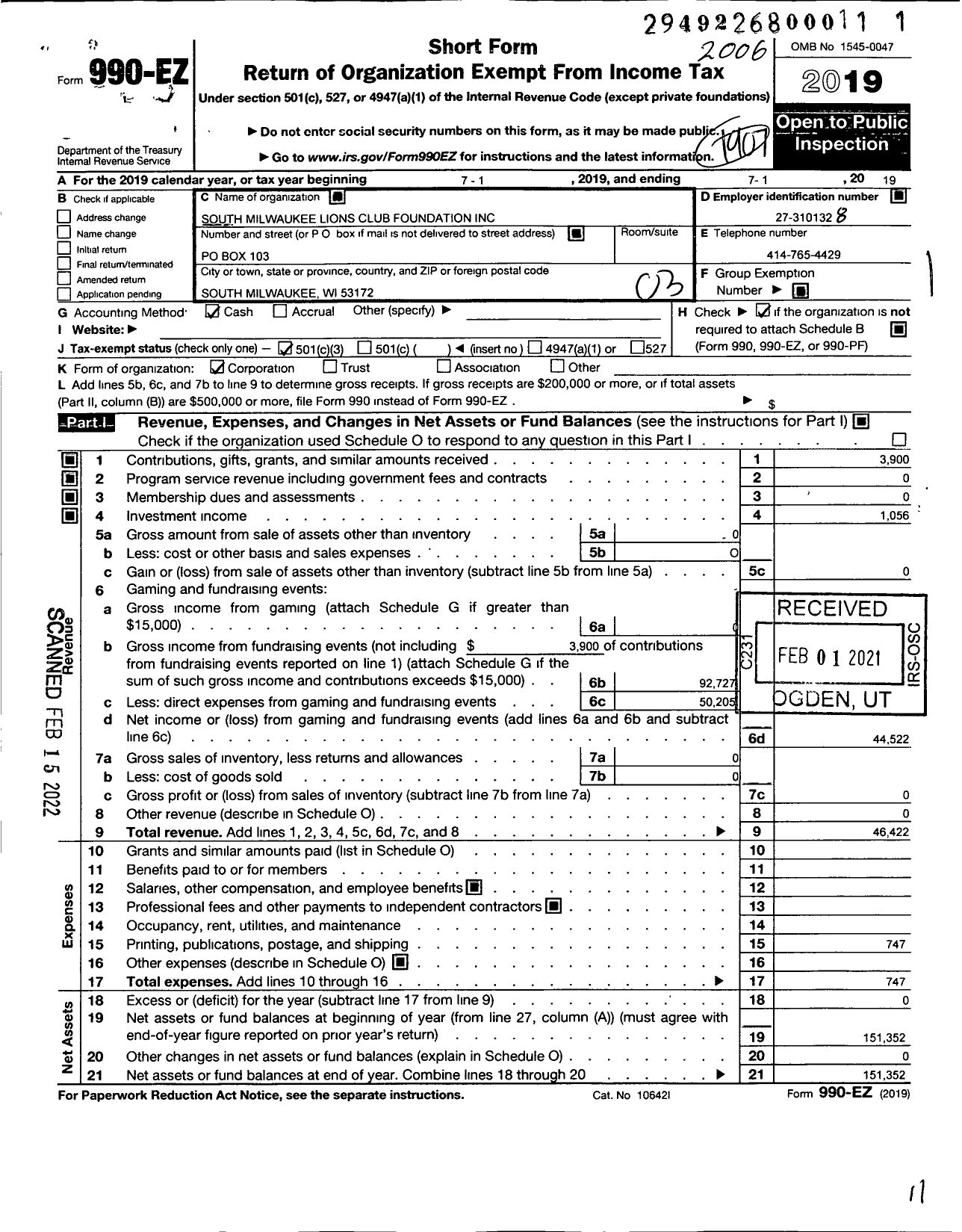 Image of first page of 2019 Form 990EZ for South Milwaukee Lions Club