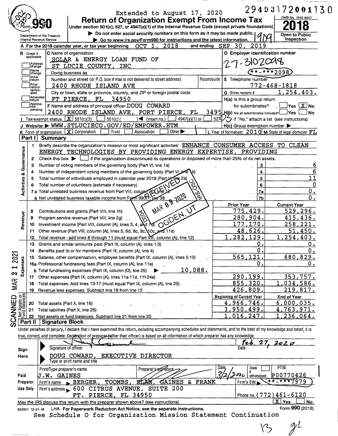 Image of first page of 2018 Form 990 for Solar and Energy Loan Fund of St Lucie County (SELF)