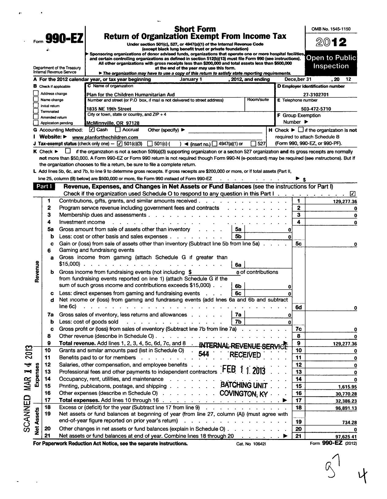Image of first page of 2012 Form 990EZ for Plan for the Children Humanitarian Aid