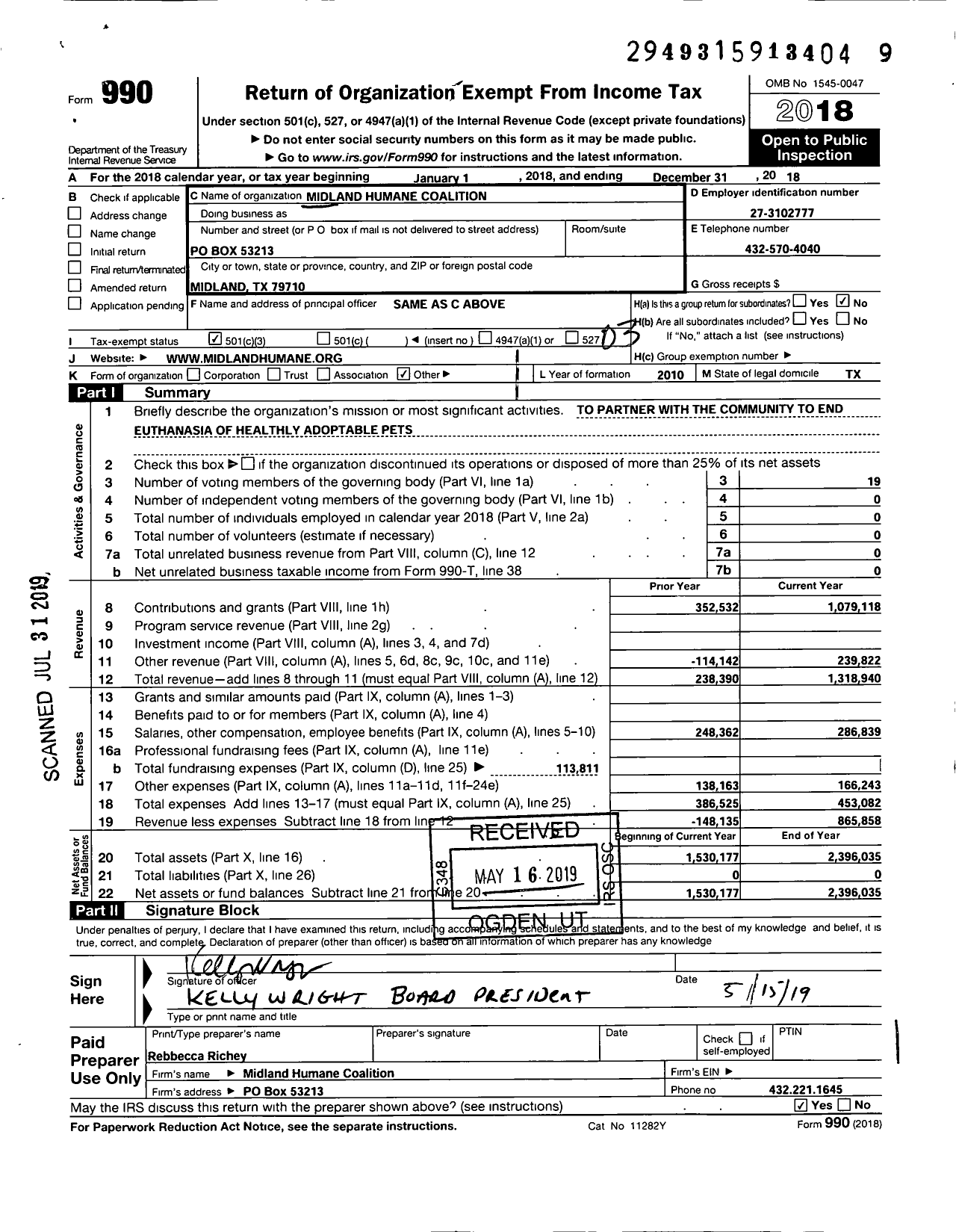 Image of first page of 2018 Form 990 for Midland Humane Coalition
