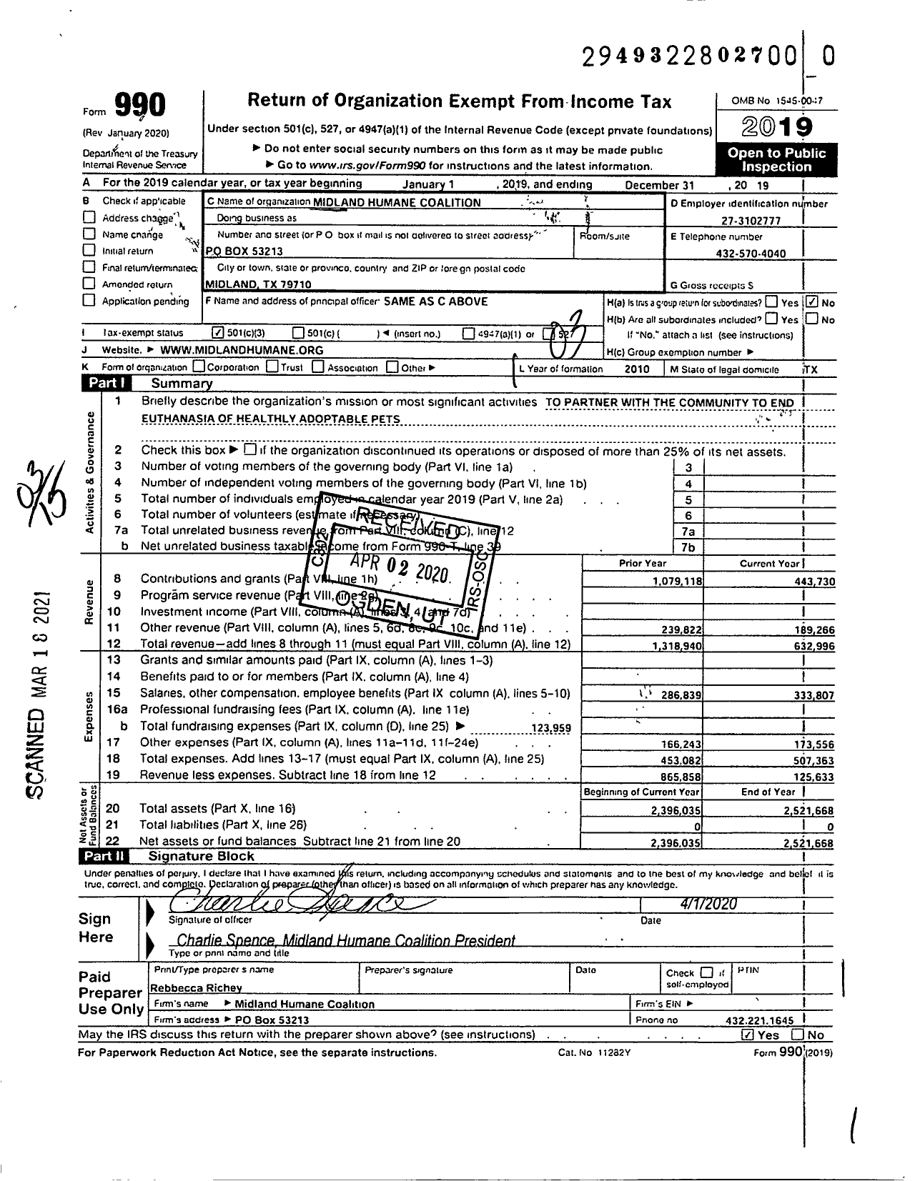 Image of first page of 2019 Form 990 for Midland Humane Coalition