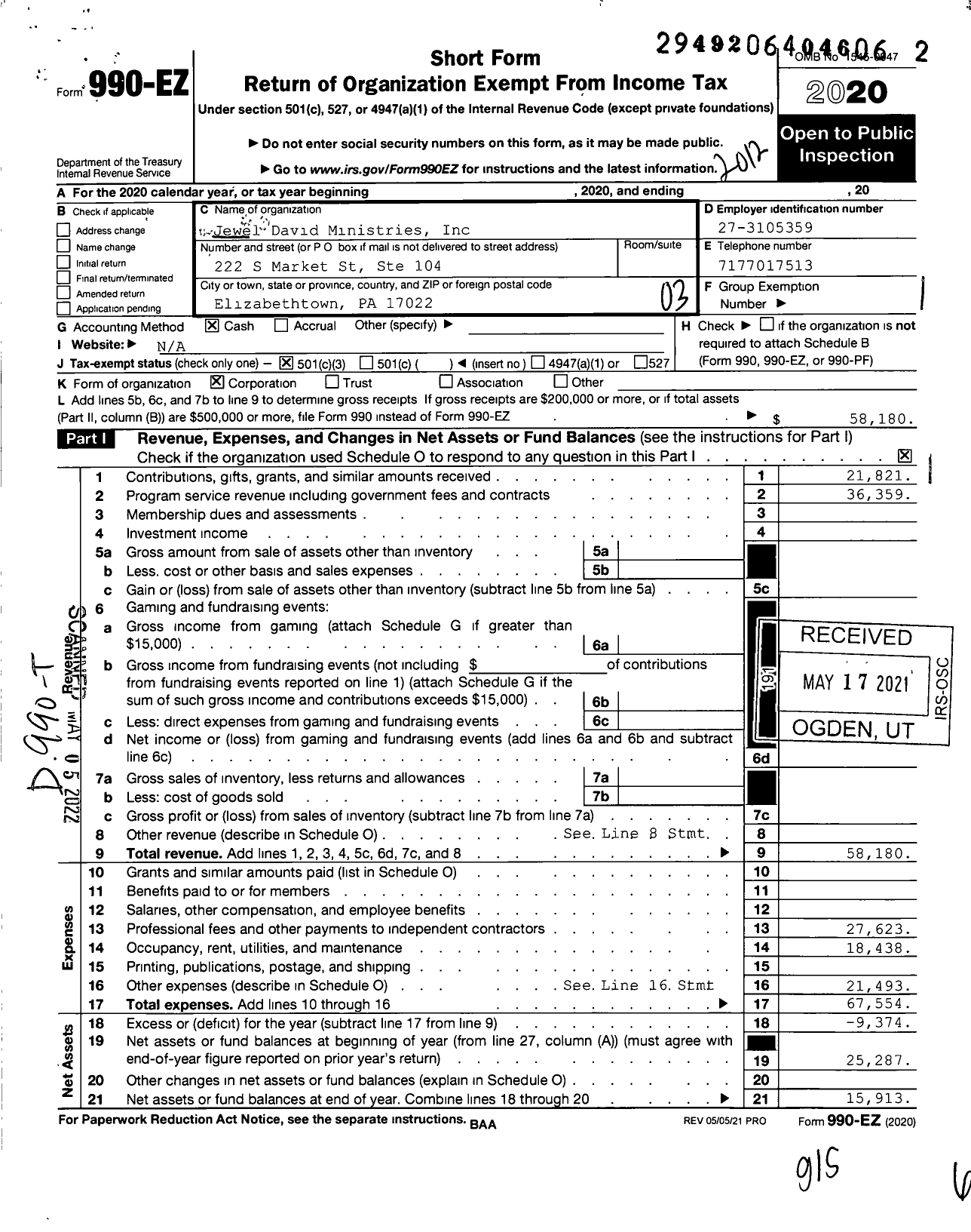 Image of first page of 2020 Form 990EZ for Jewel David Ministries