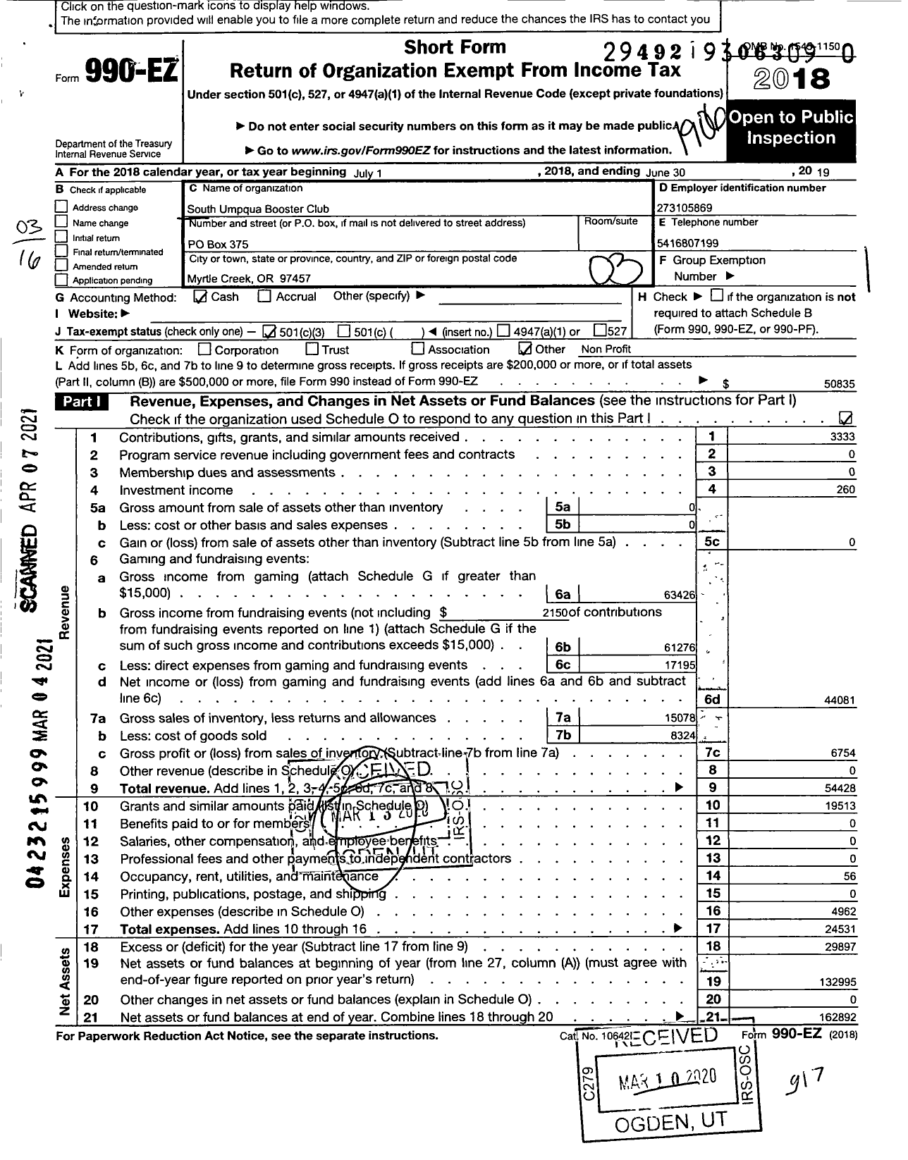 Image of first page of 2018 Form 990EZ for South Umpqua Booster Club