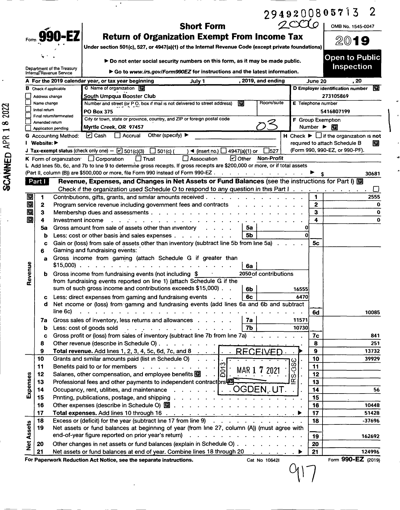 Image of first page of 2019 Form 990EZ for South Umpqua Booster Club