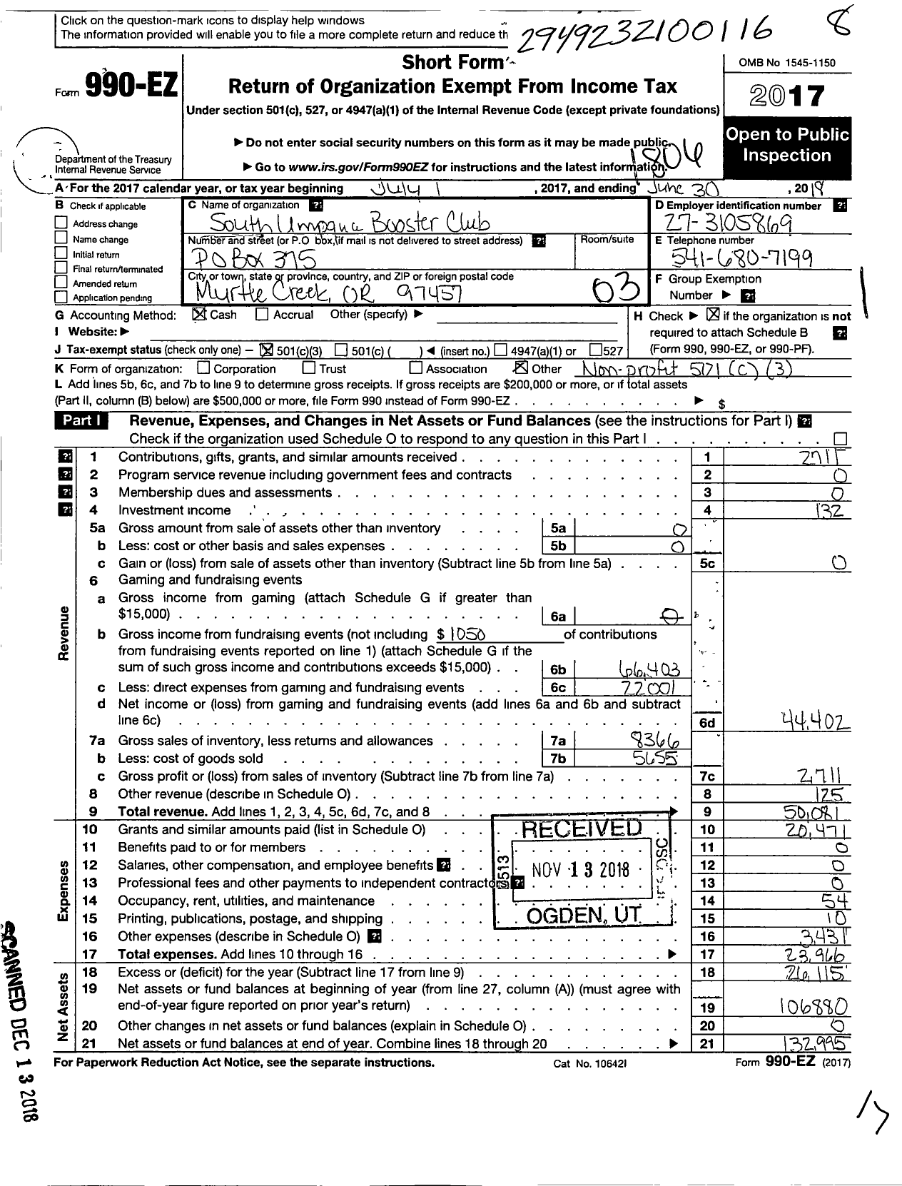 Image of first page of 2017 Form 990EZ for South Umpqua Booster Club