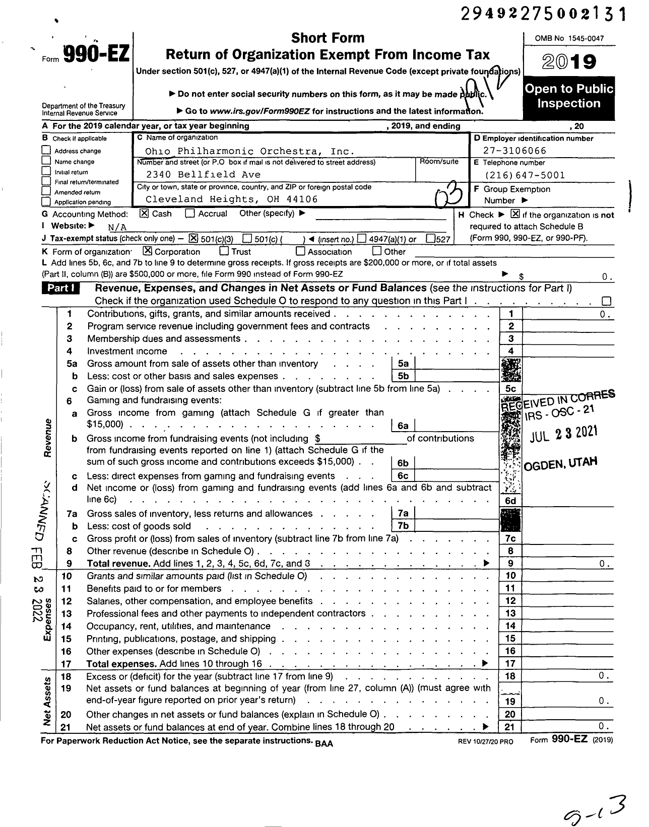 Image of first page of 2019 Form 990EZ for Ohio Philharmonic Orchestra